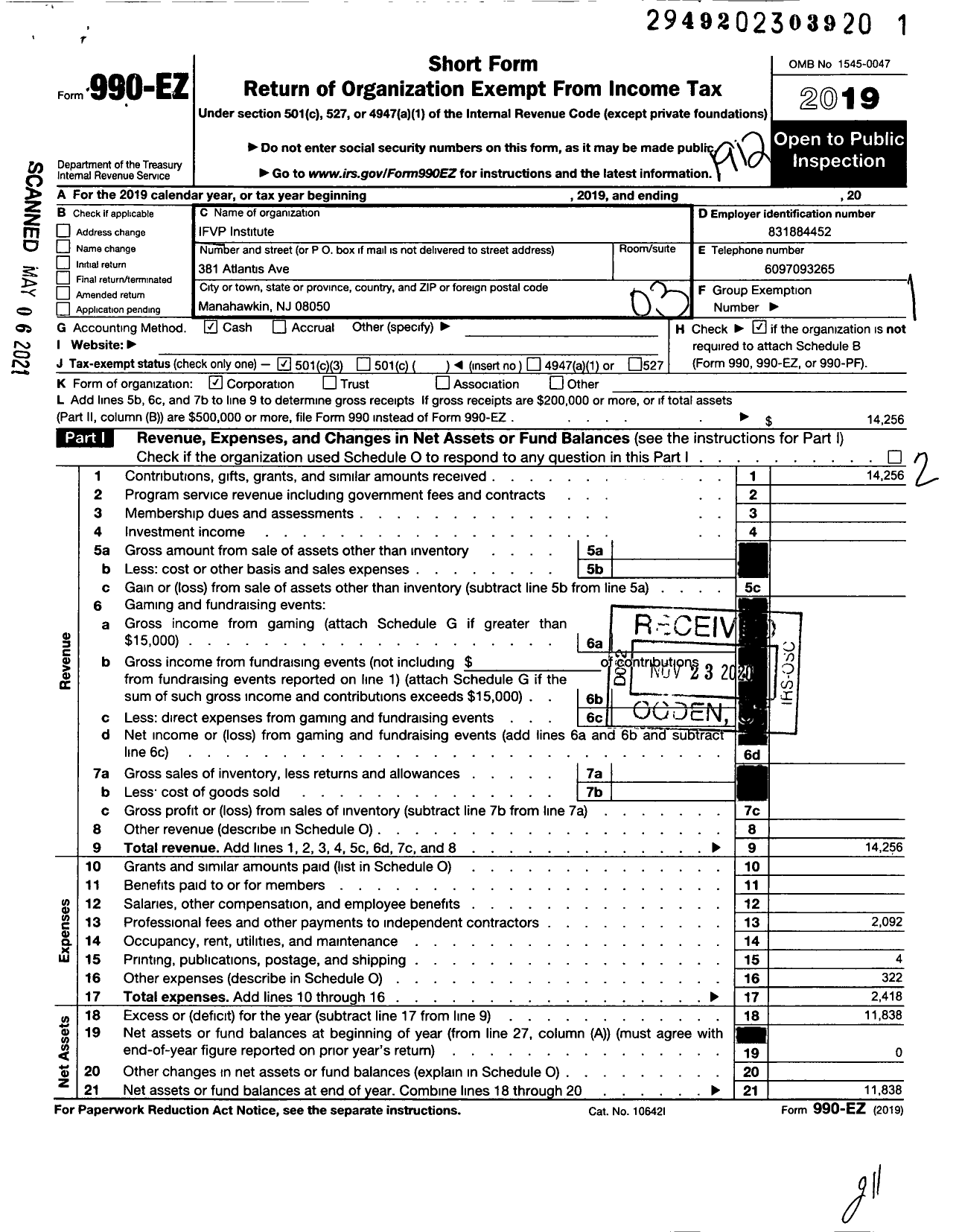 Image of first page of 2019 Form 990EZ for Ifvp Institute