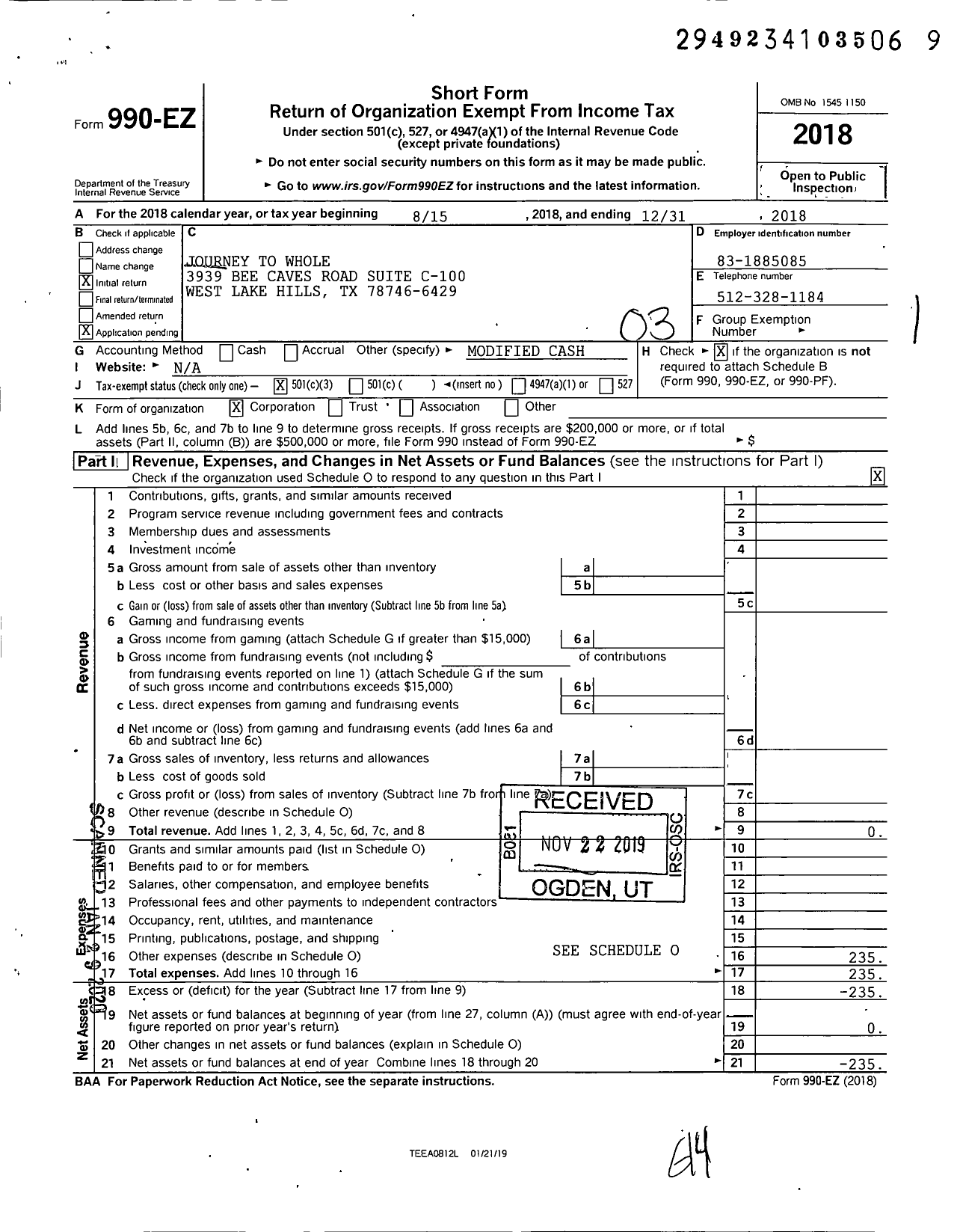 Image of first page of 2018 Form 990EZ for Journey To Whole