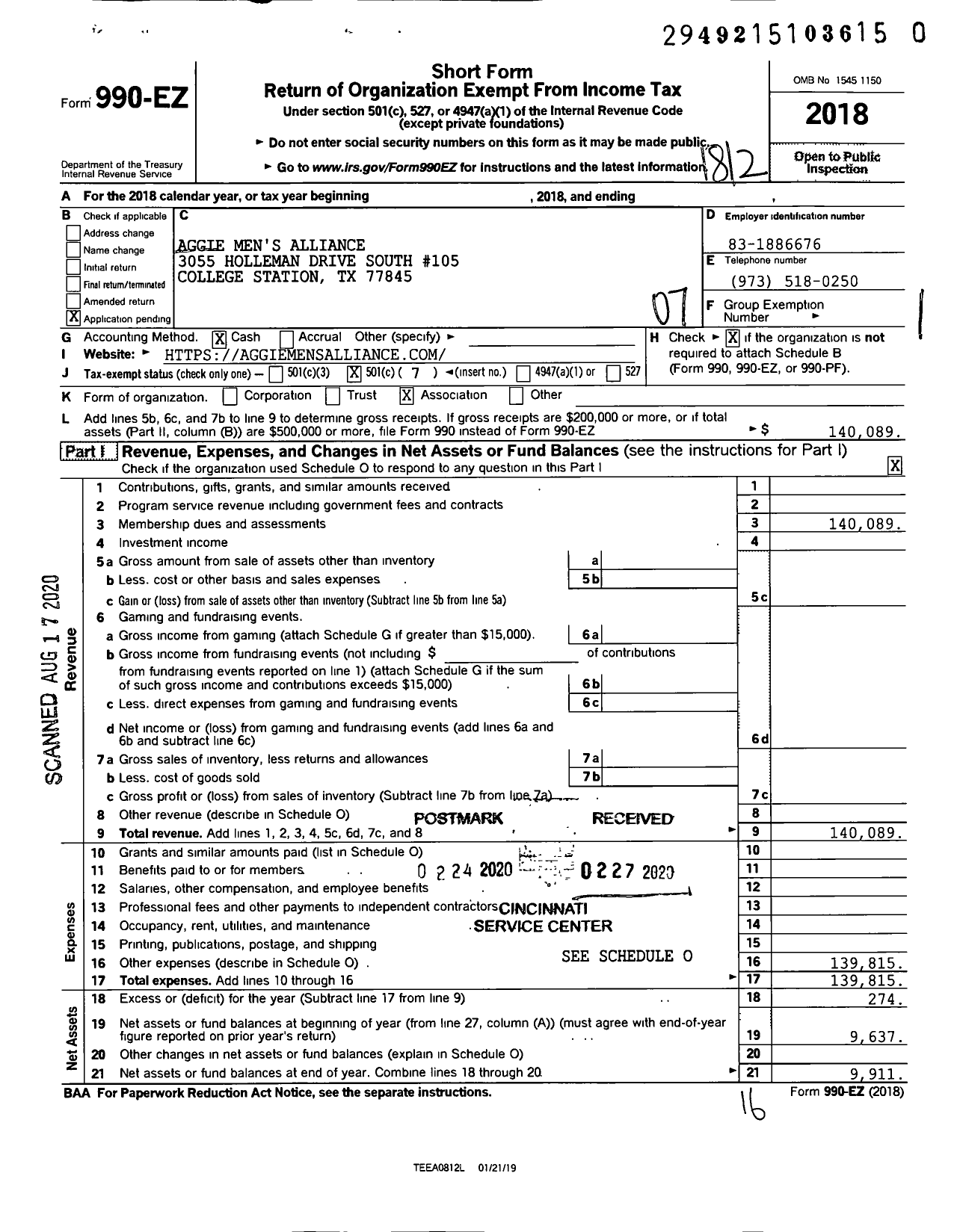 Image of first page of 2018 Form 990EO for Aggie Mens Alliance