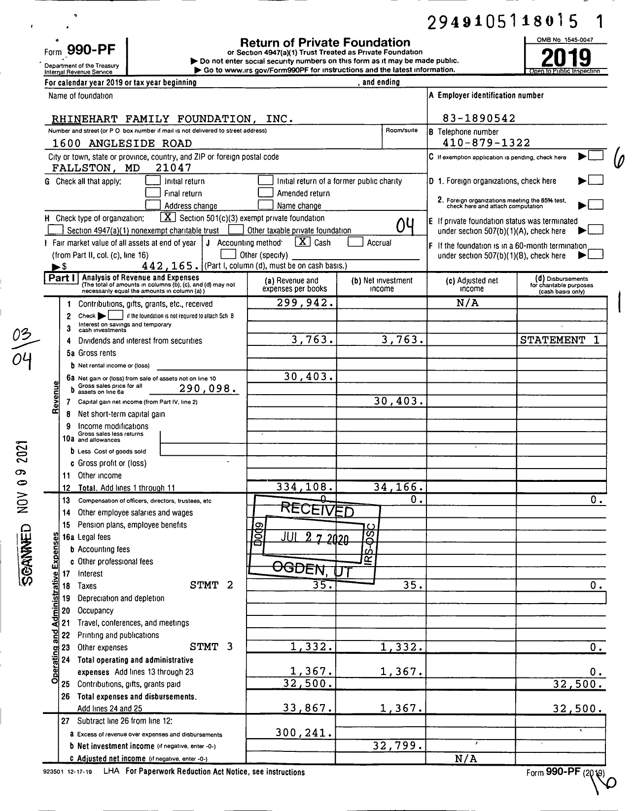 Image of first page of 2019 Form 990PF for Rhinehart Family Foundation