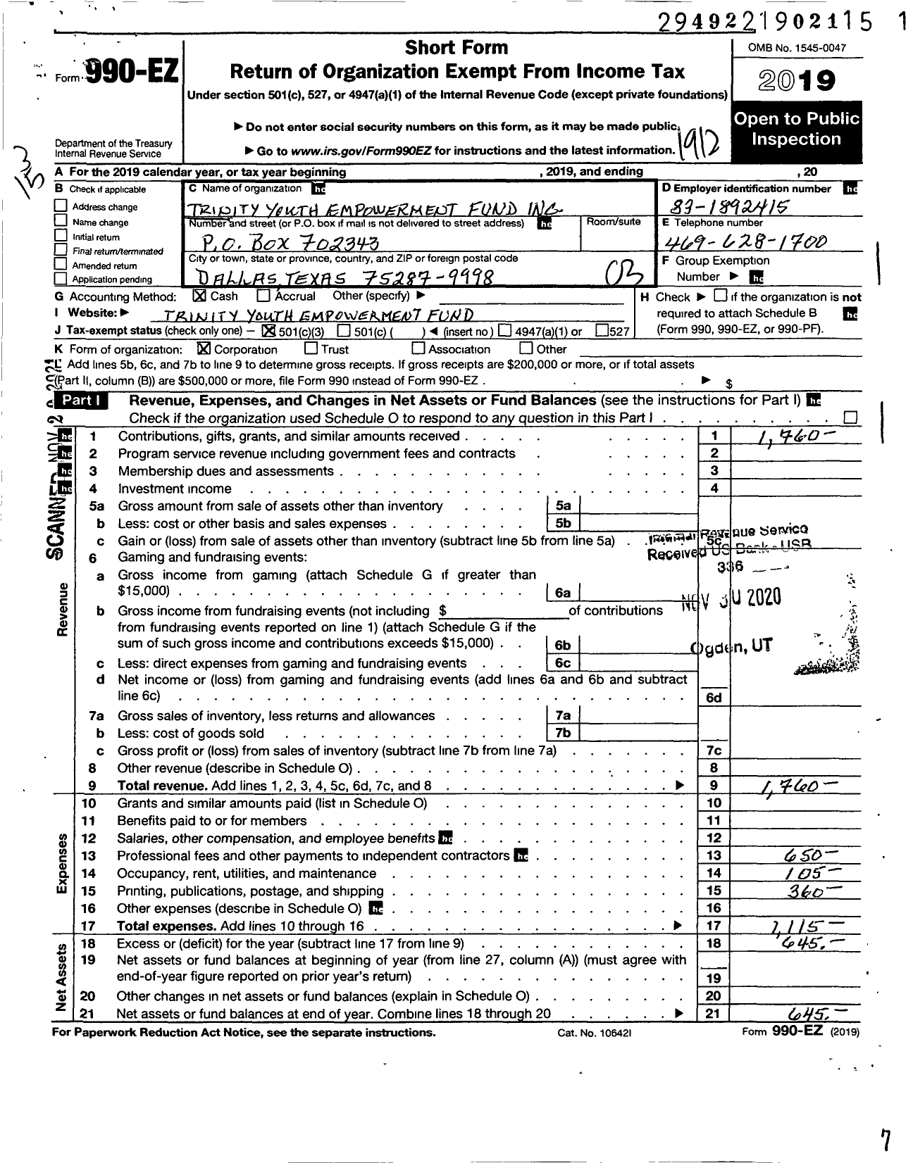 Image of first page of 2019 Form 990EZ for Trinity Youth Empowerment Fund