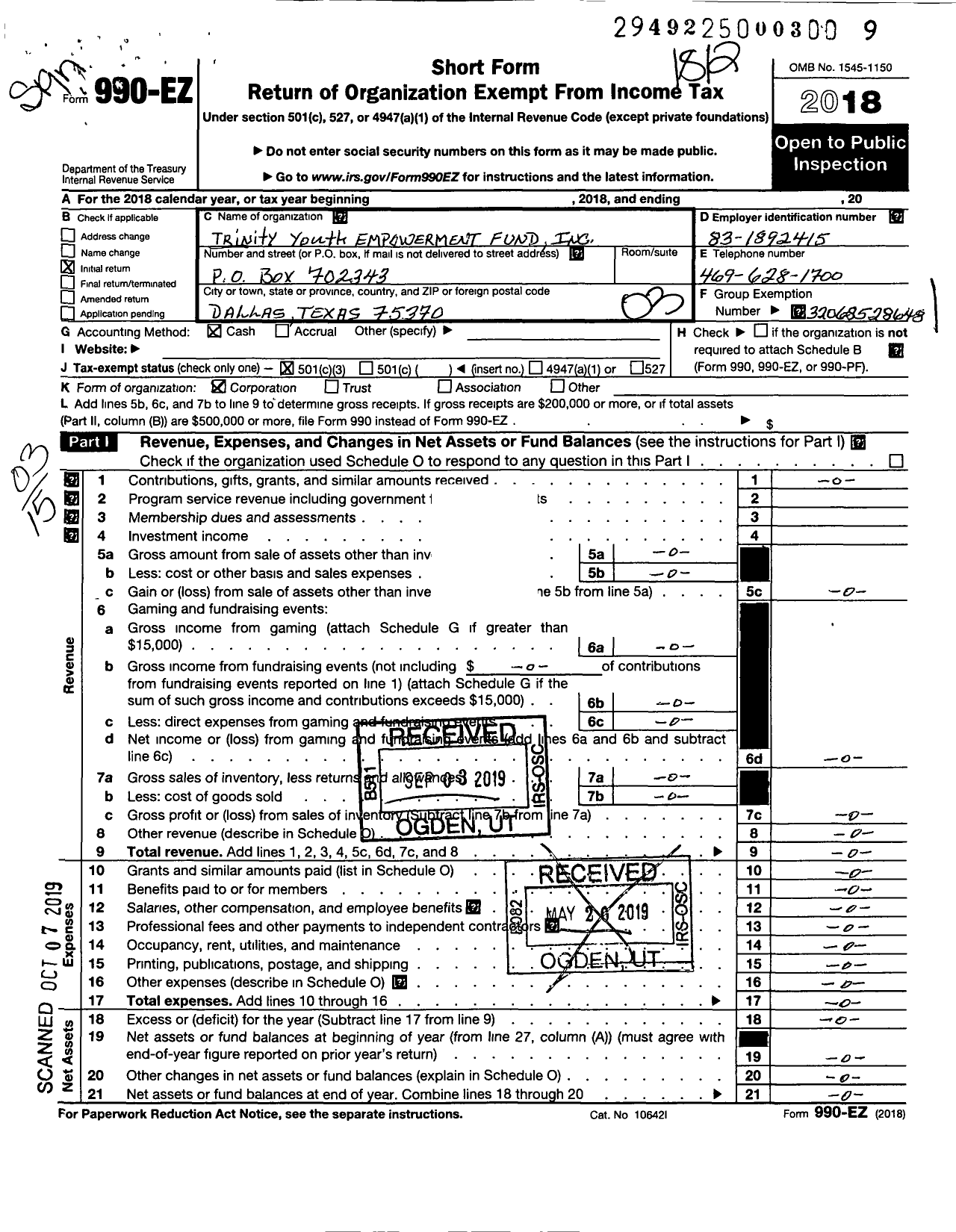 Image of first page of 2018 Form 990EZ for Trinity Youth Empowerment Fund