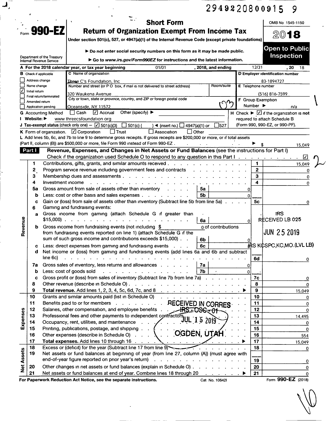 Image of first page of 2018 Form 990EZ for Three CS Foundation