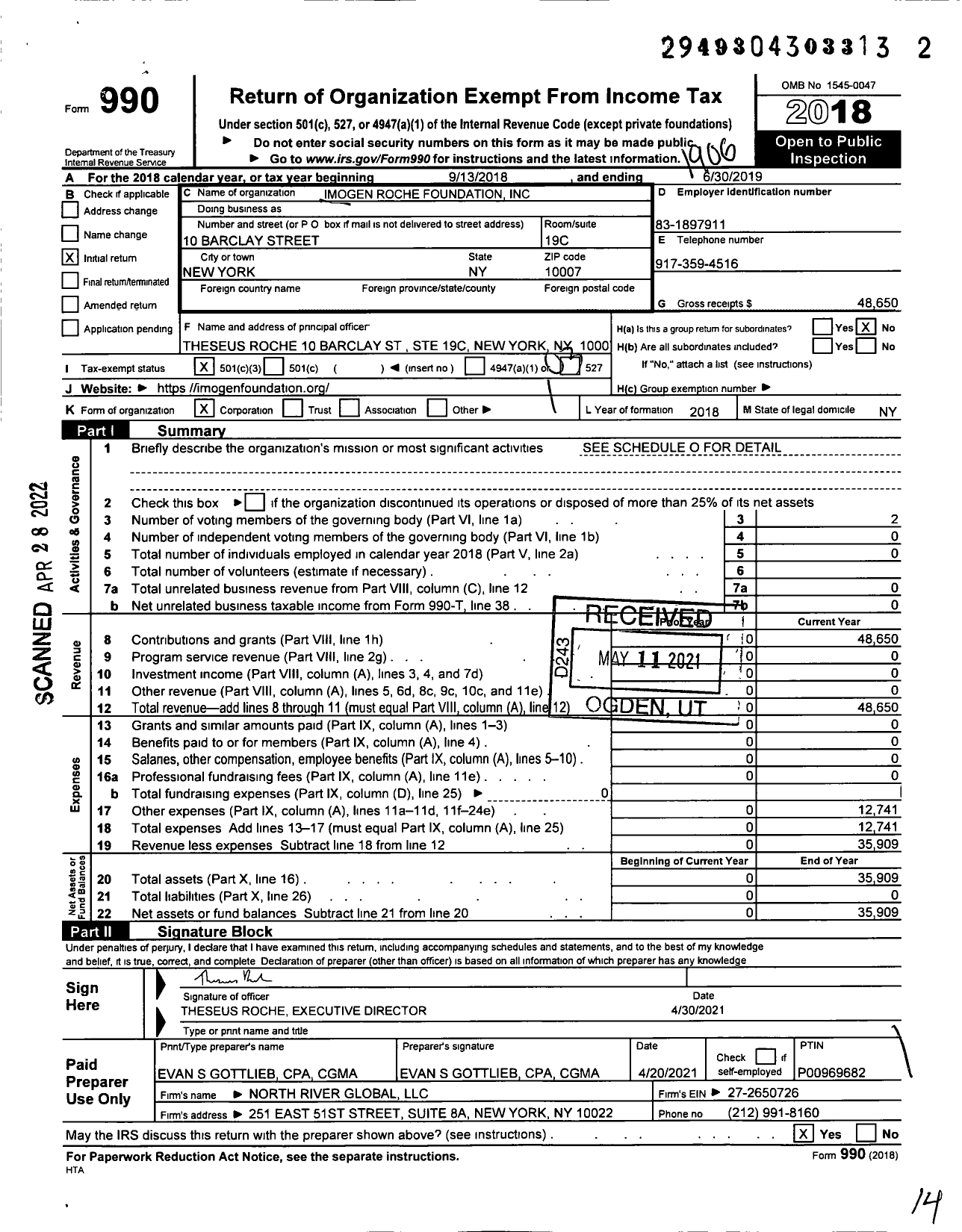 Image of first page of 2018 Form 990 for Imogen Roche Foundation