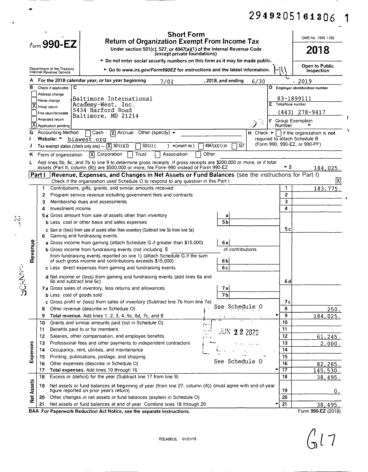 Image of first page of 2018 Form 990EZ for Baltimore International Academy - West