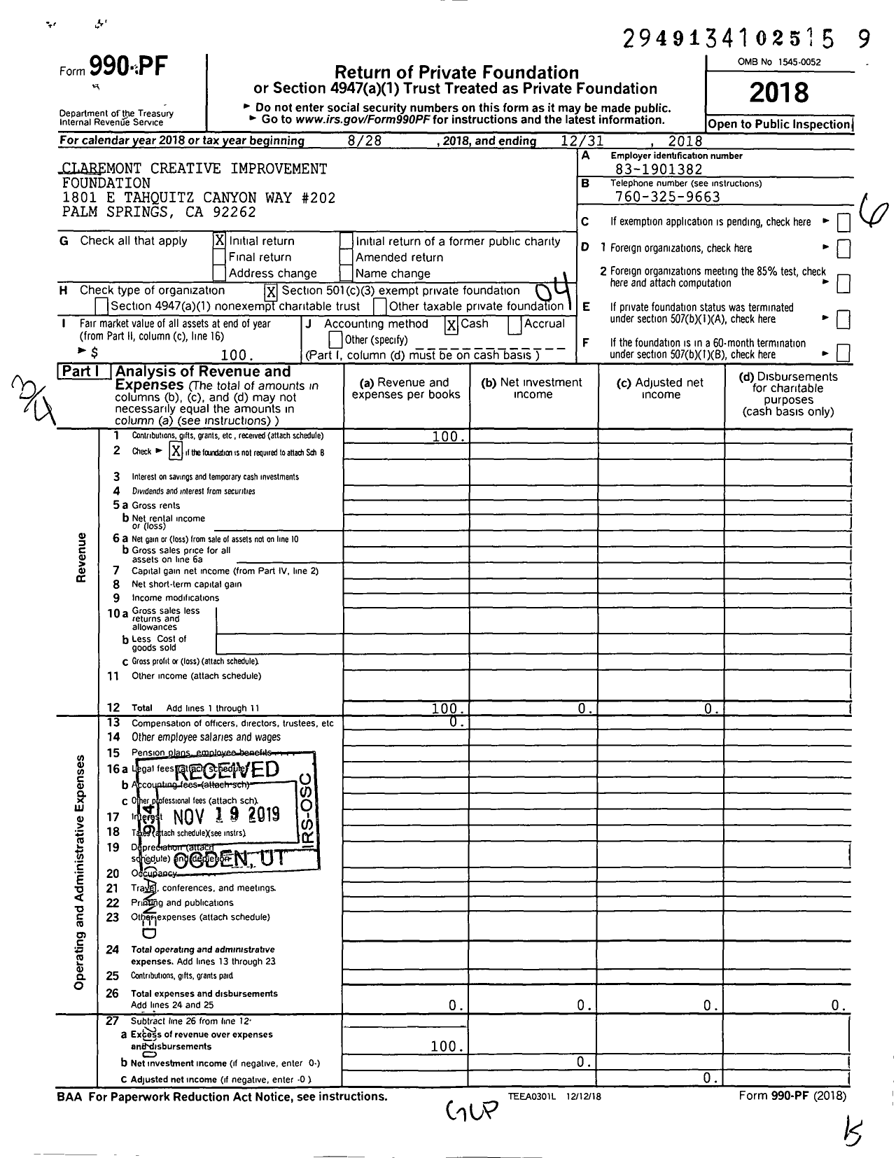 Image of first page of 2018 Form 990PF for Claremont Creative Improvement Foundation