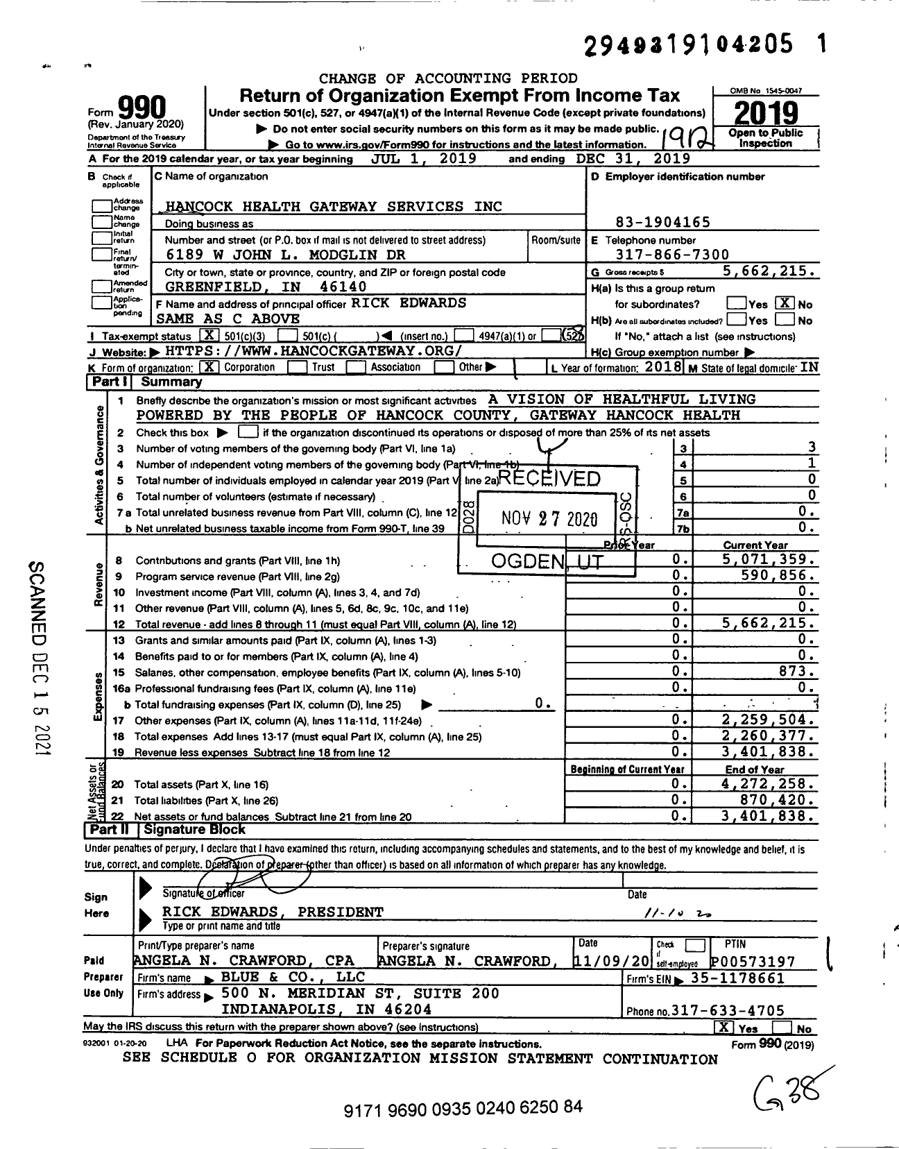 Image of first page of 2019 Form 990 for Hancock Health Gateway Services