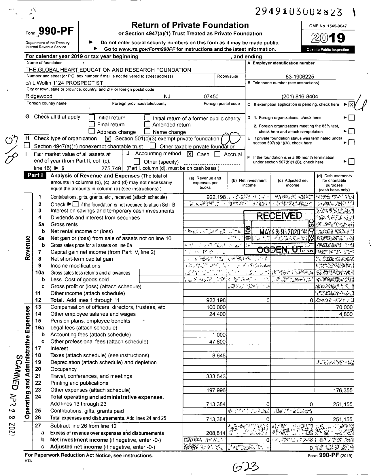 Image of first page of 2019 Form 990PF for The Global Heart Education and Research Foundation