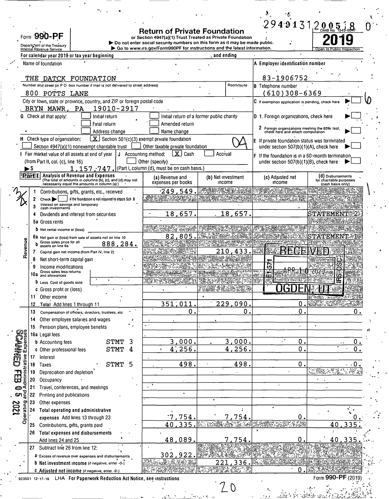 Image of first page of 2019 Form 990PF for The Datck Foundation