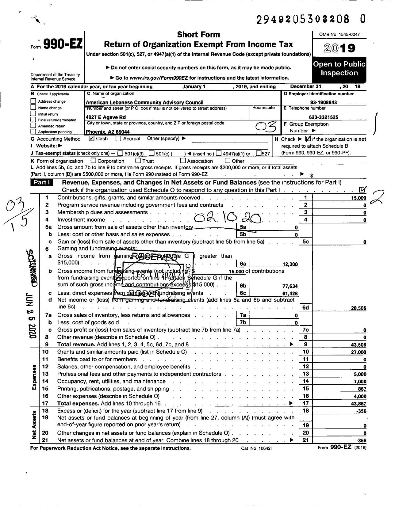 Image of first page of 2019 Form 990EZ for American Lebanese Community Advisory Council