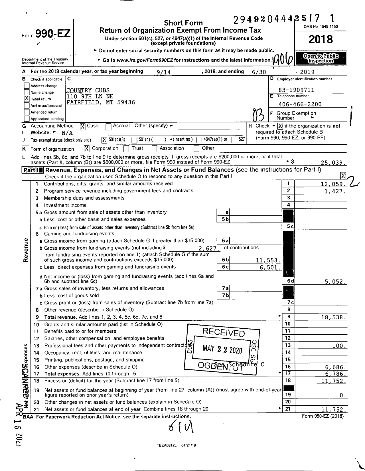 Image of first page of 2018 Form 990EZ for Country Cubs