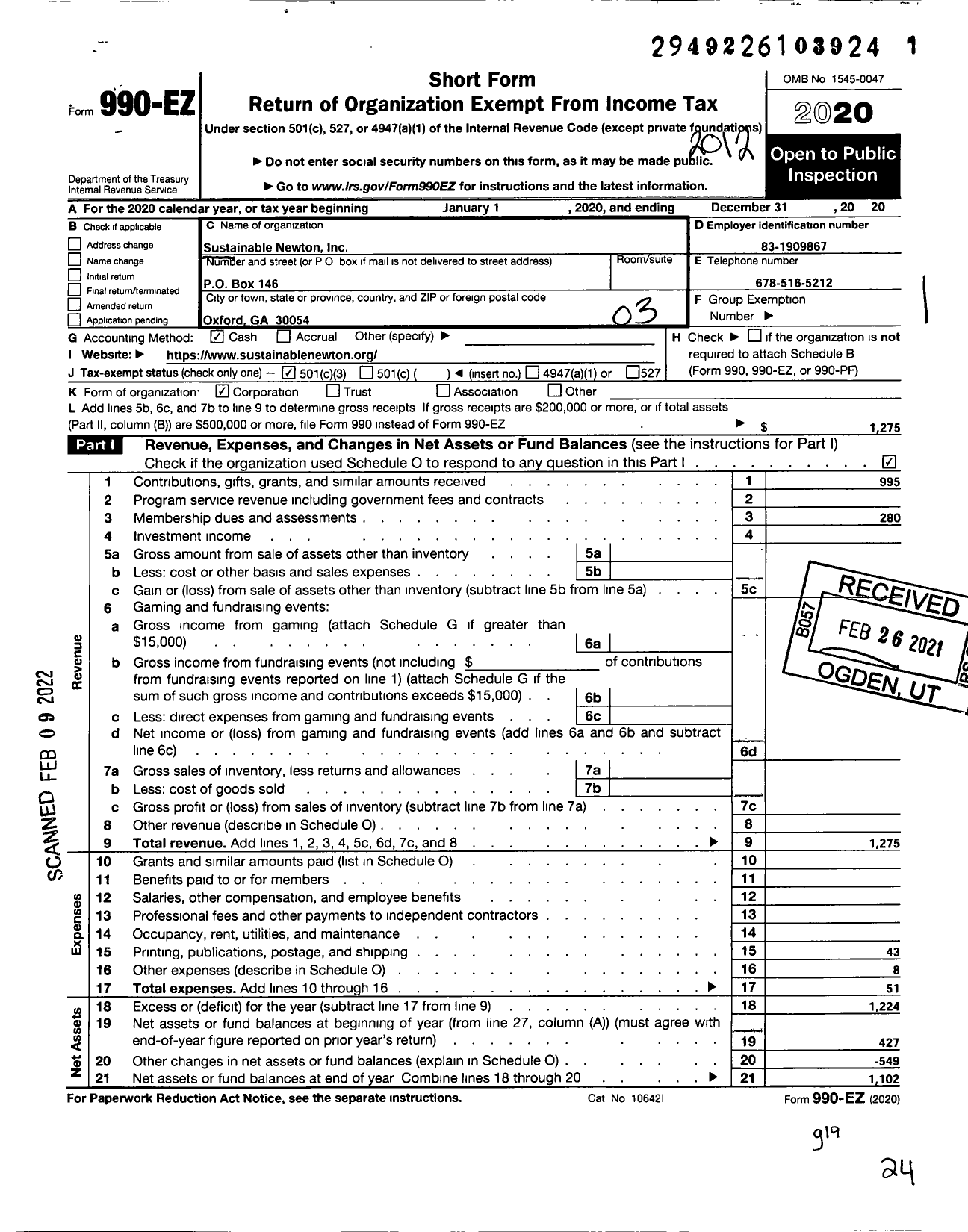 Image of first page of 2020 Form 990EZ for Sustainable Newton