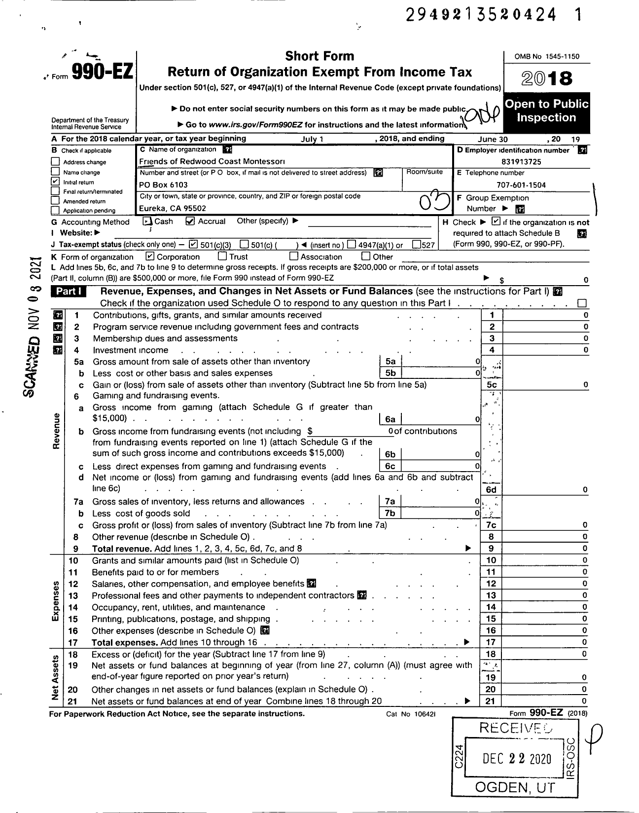 Image of first page of 2018 Form 990EZ for Friends of Redwood Coast Montessori