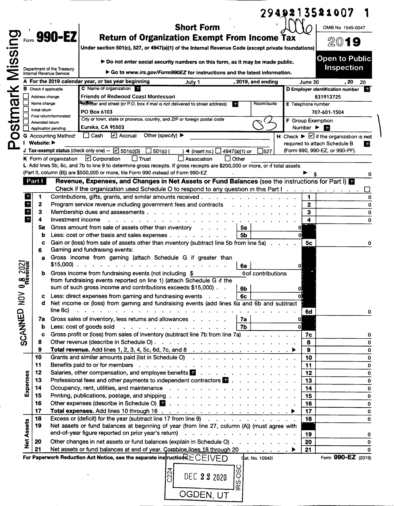 Image of first page of 2019 Form 990EZ for Friends of Redwood Coast Montessori