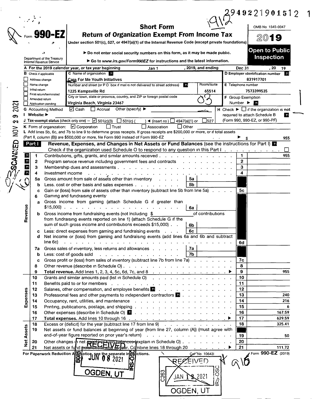 Image of first page of 2019 Form 990EZ for Care for Me Youth Initiatives