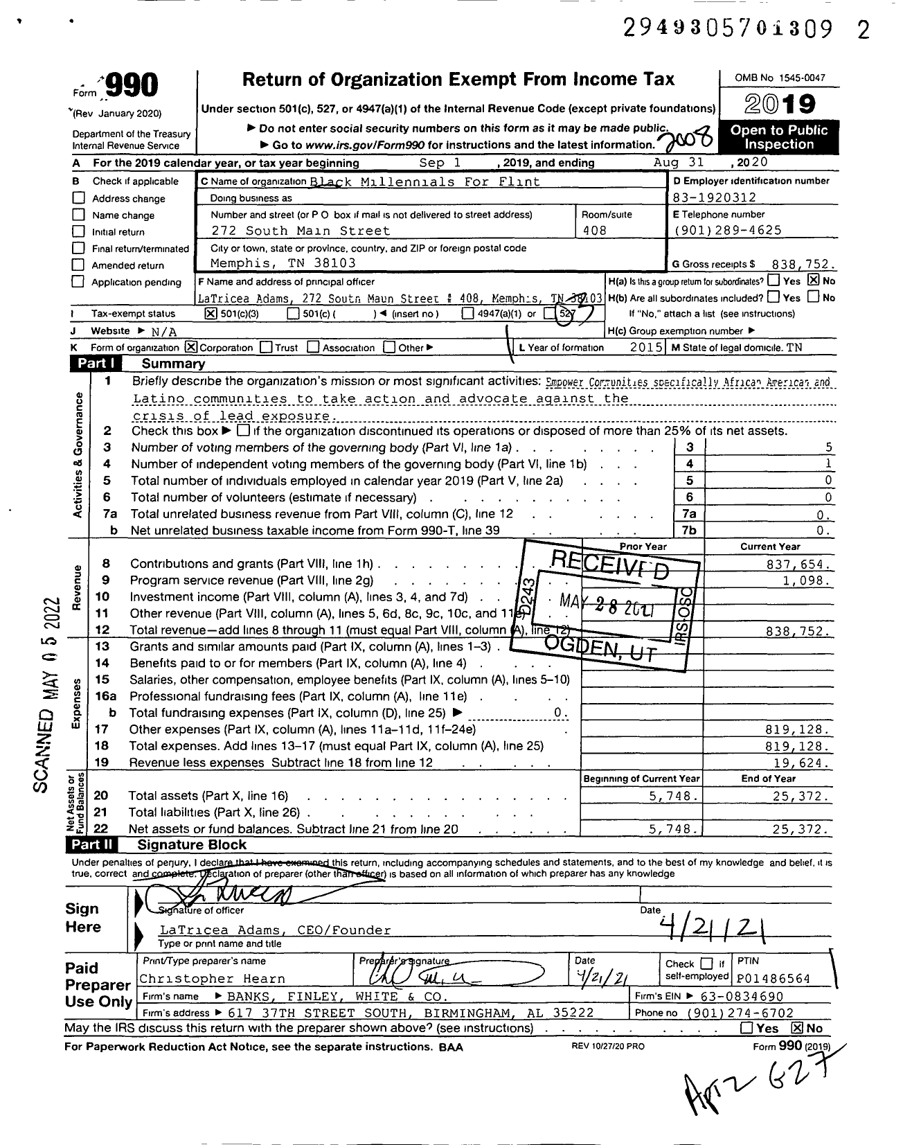 Image of first page of 2019 Form 990 for Black Millennials 4 Flint