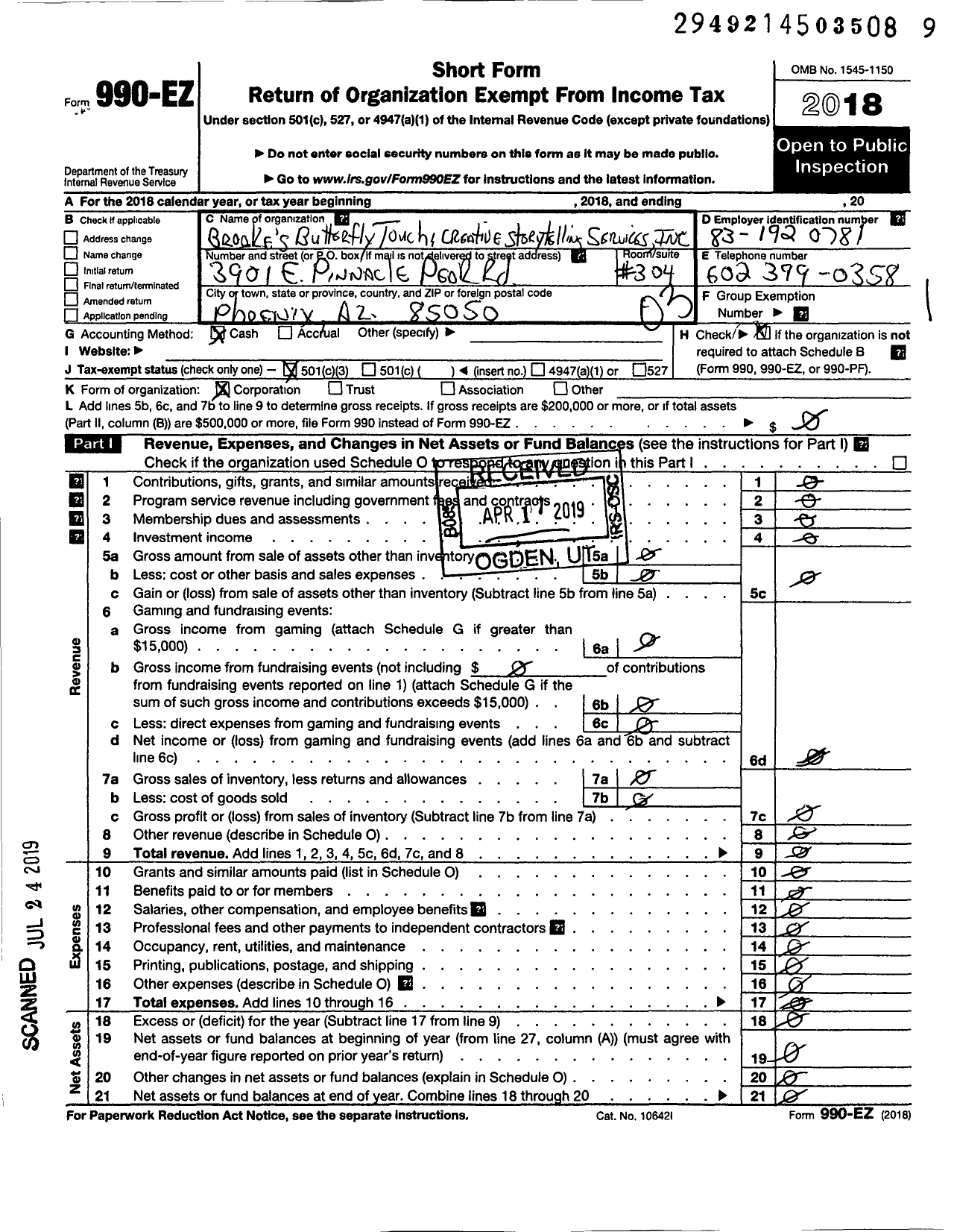 Image of first page of 2018 Form 990EZ for Brookes Butterfly Touch Creative Storytelling Services