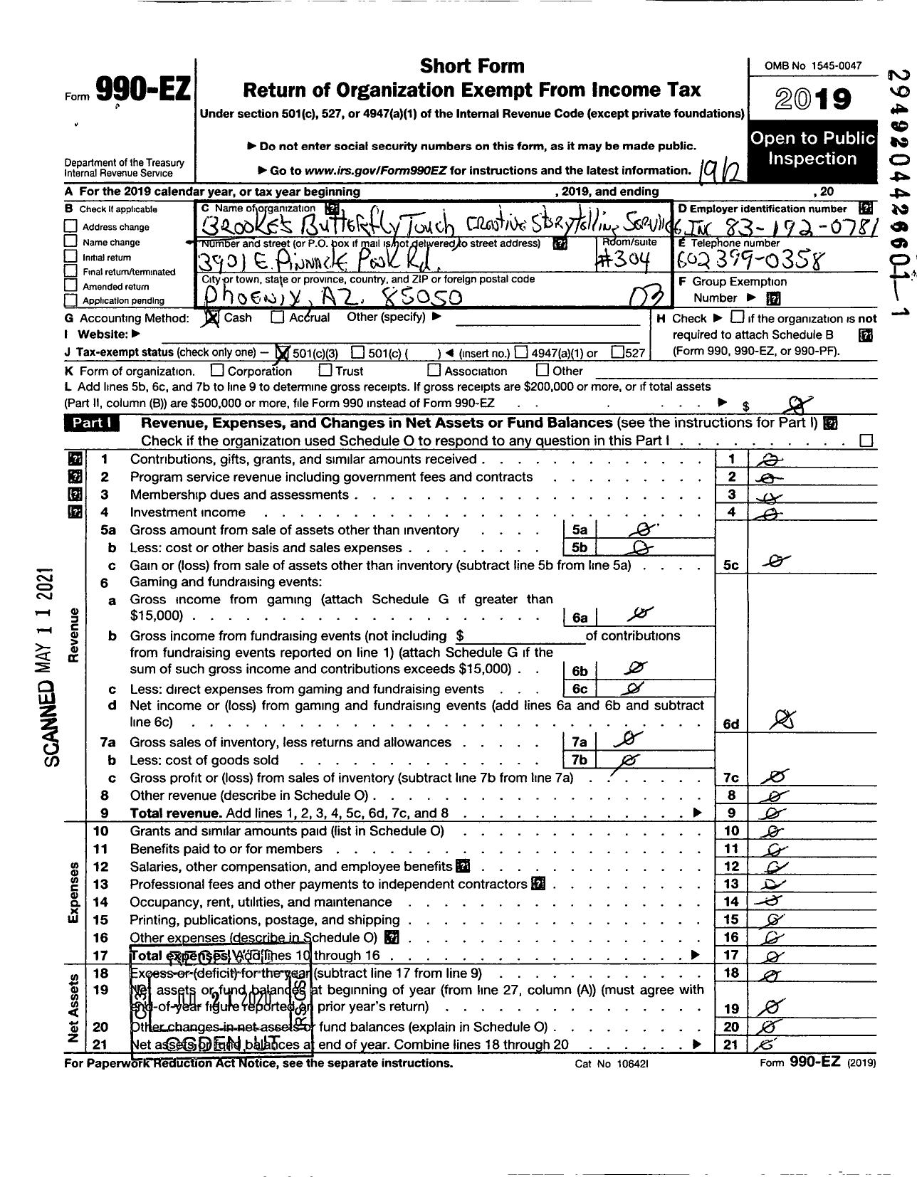 Image of first page of 2019 Form 990EZ for Brookes Butterfly Touch Creative Storytelling Services