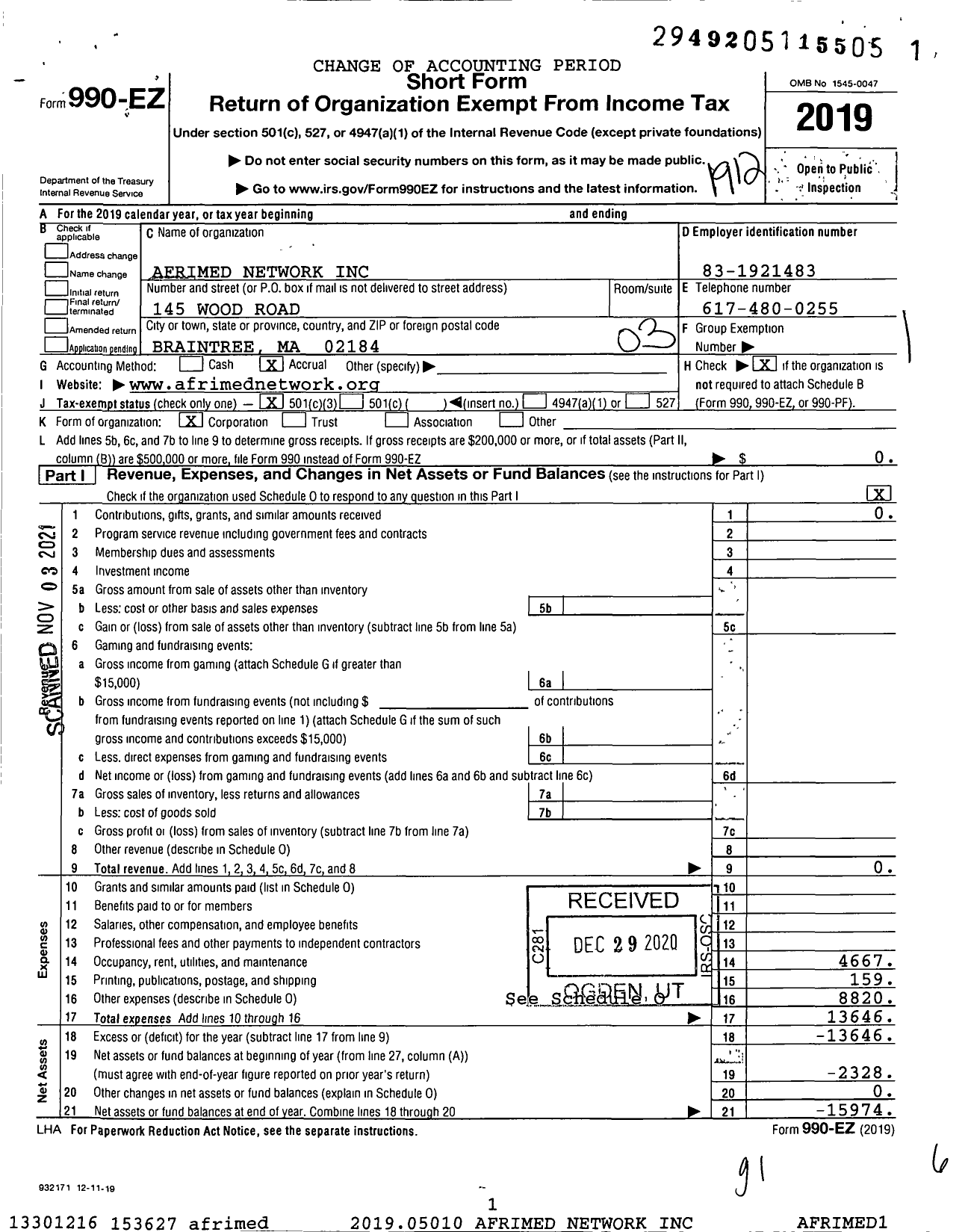 Image of first page of 2019 Form 990EZ for Afrimed Network