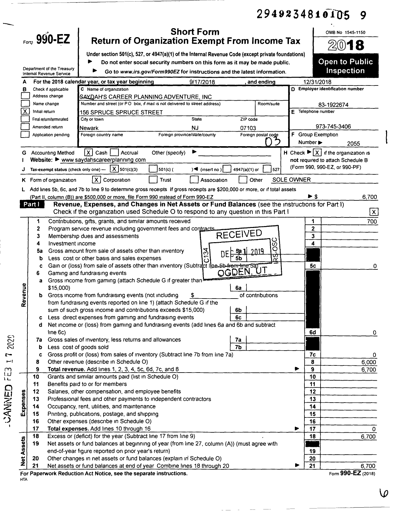 Image of first page of 2018 Form 990EZ for Saydahs Community Action Center