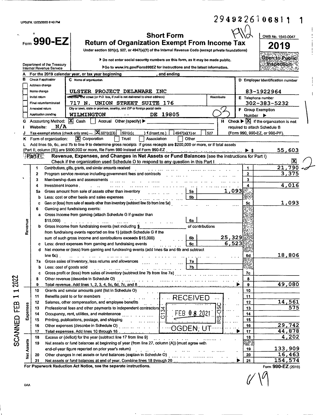 Image of first page of 2019 Form 990EZ for Ulster Project Delaware