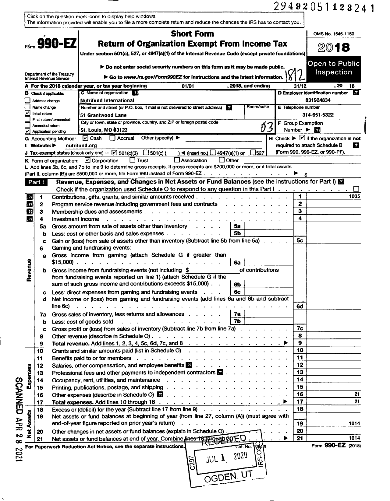 Image of first page of 2018 Form 990EZ for Nutrifund International