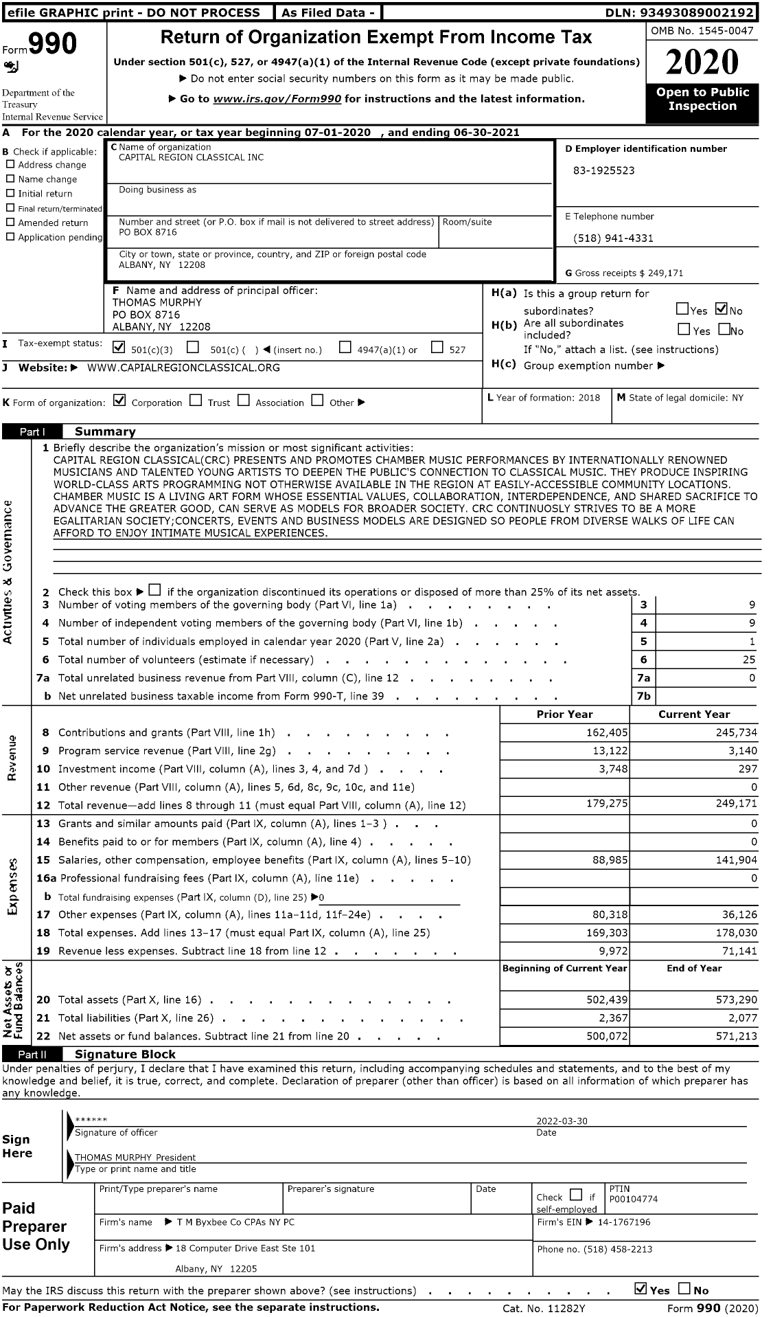 Image of first page of 2020 Form 990 for Capital Region Classical