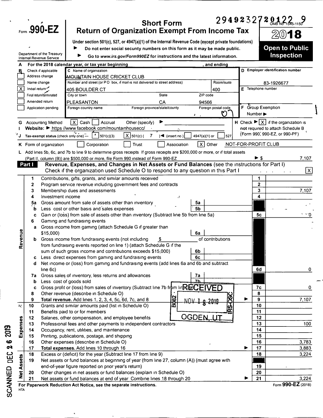 Image of first page of 2018 Form 990EO for Mountain House Cricket Club (MHCC)