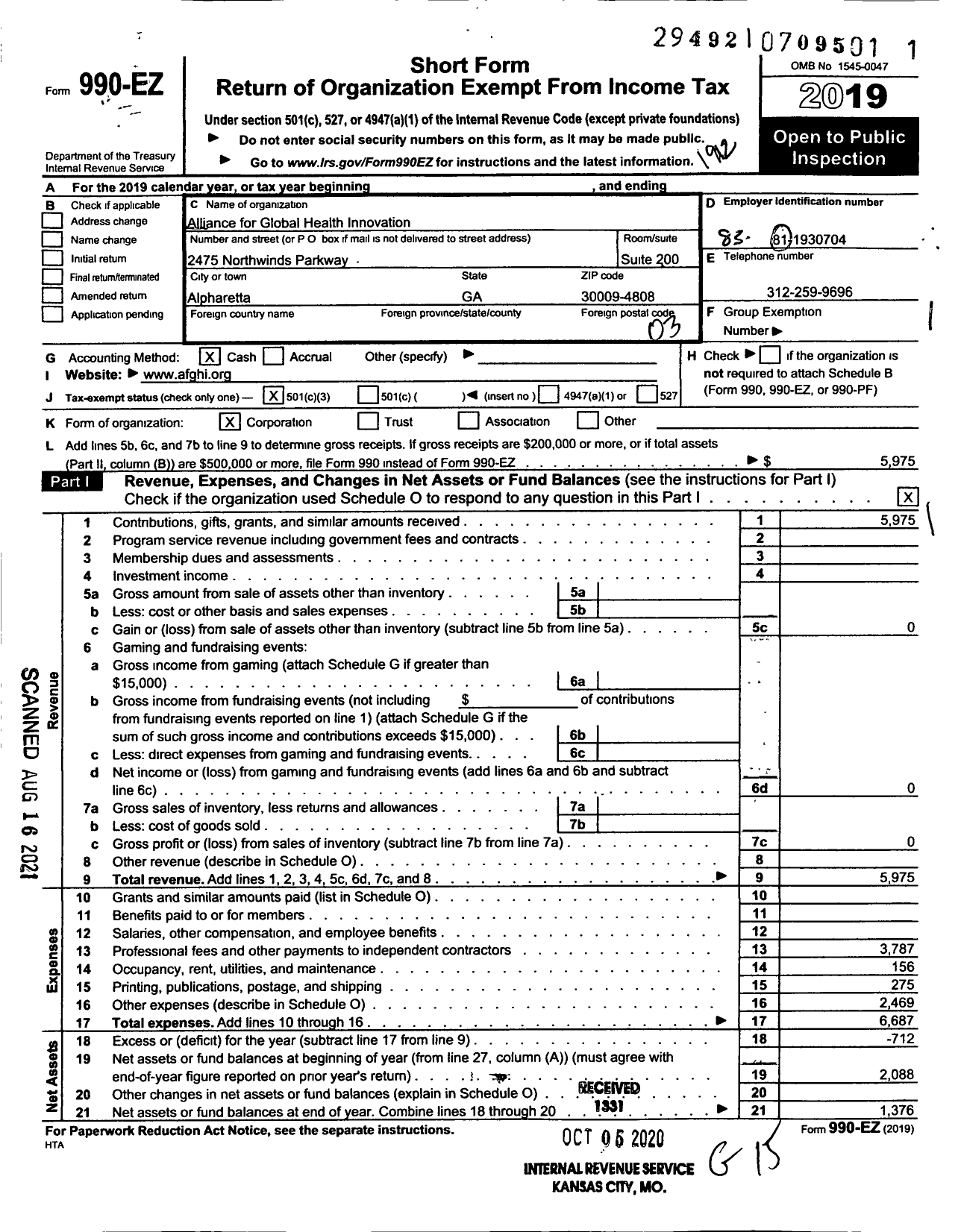 Image of first page of 2019 Form 990EZ for Alliance for Global Health Innovation