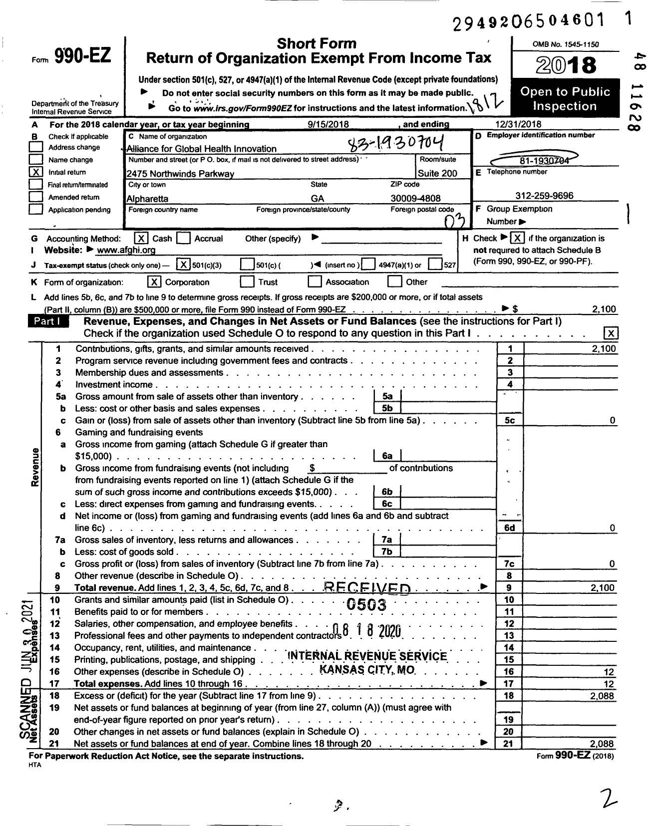 Image of first page of 2018 Form 990EZ for Alliance for Global Health Innovation