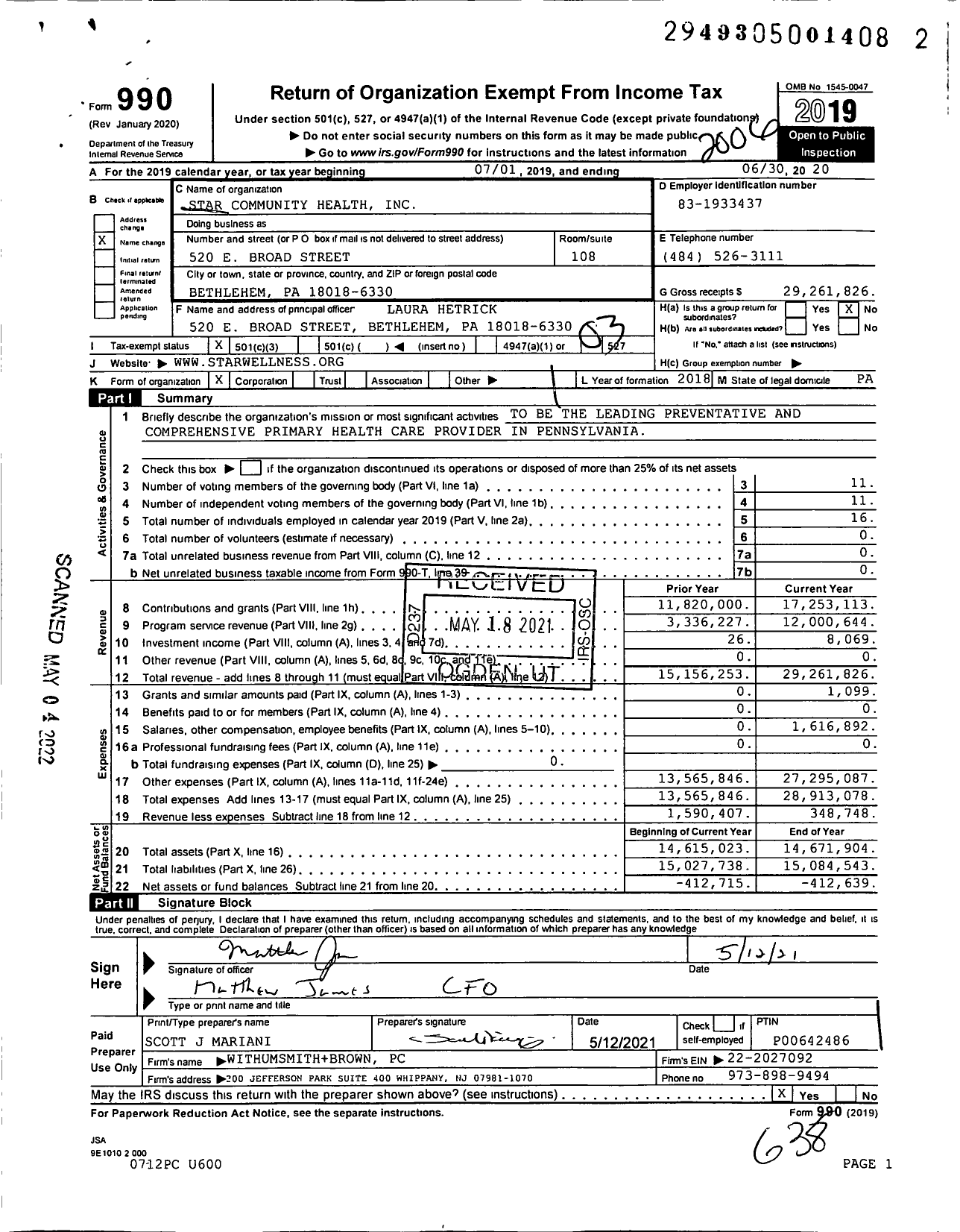 Image of first page of 2019 Form 990 for Star Community Health