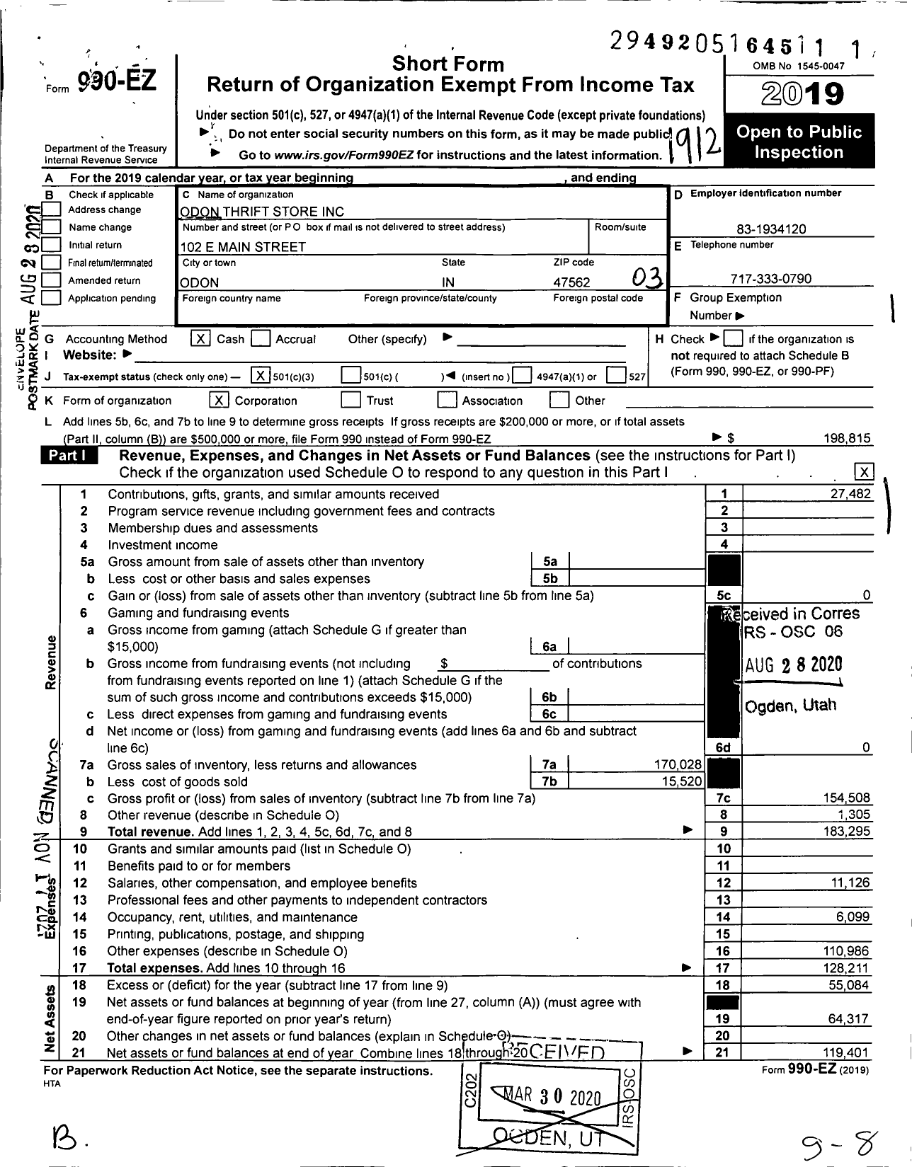 Image of first page of 2019 Form 990EZ for Odon Thrift Store