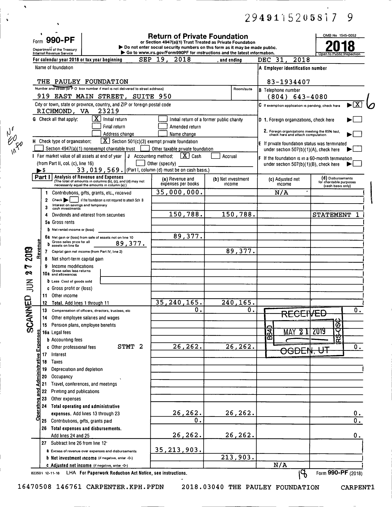 Image of first page of 2018 Form 990PF for The Endeavour Legacy Foundation