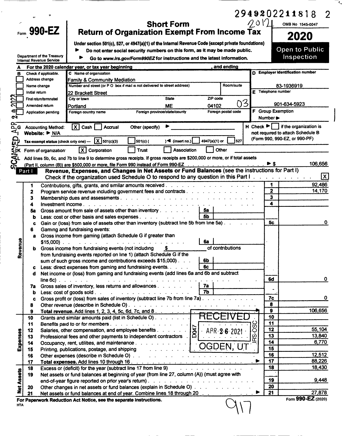 Image of first page of 2020 Form 990EZ for Family and Community Mediation