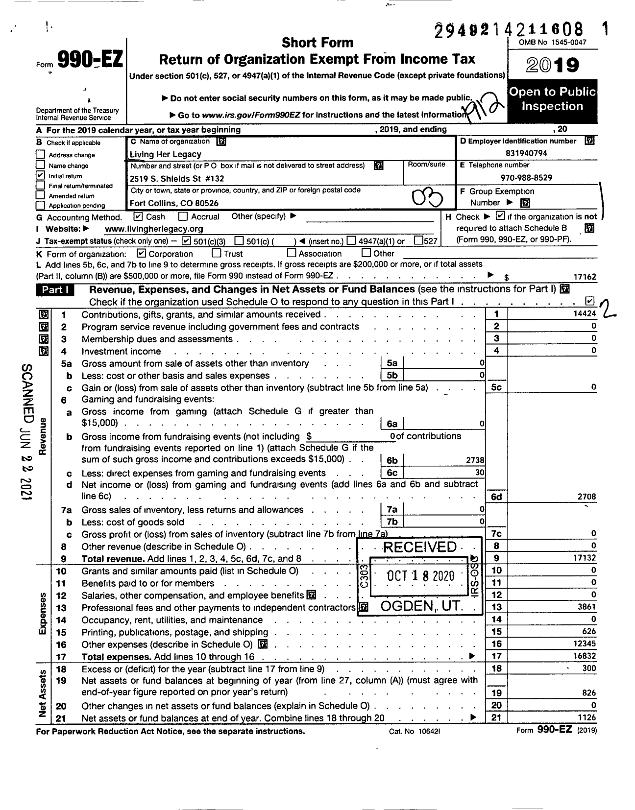 Image of first page of 2019 Form 990EZ for Living Her Legacy