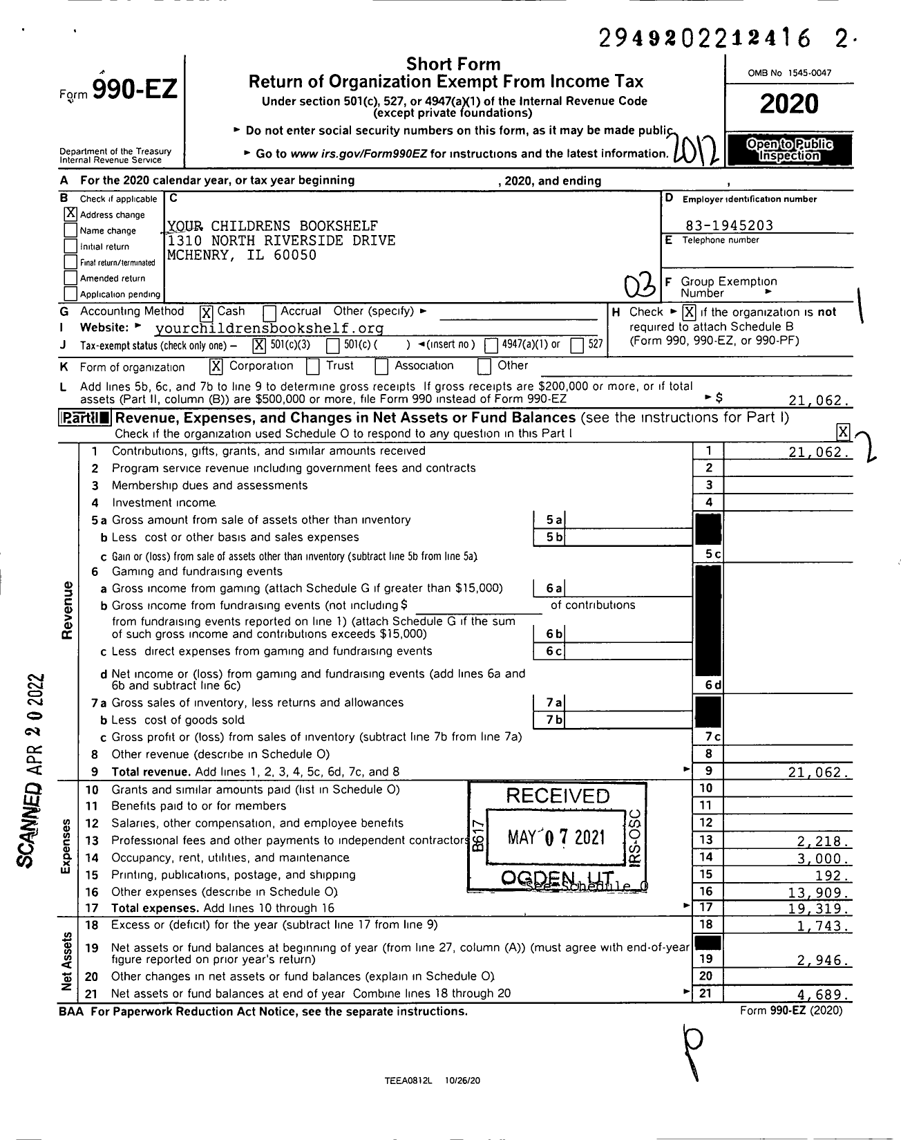 Image of first page of 2020 Form 990EZ for Your Childrens Bookshelf