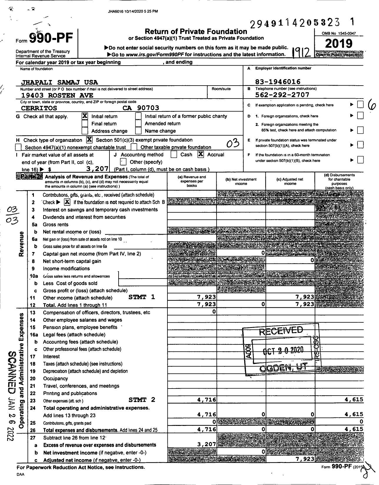 Image of first page of 2019 Form 990PF for Jhapali Samaj USA