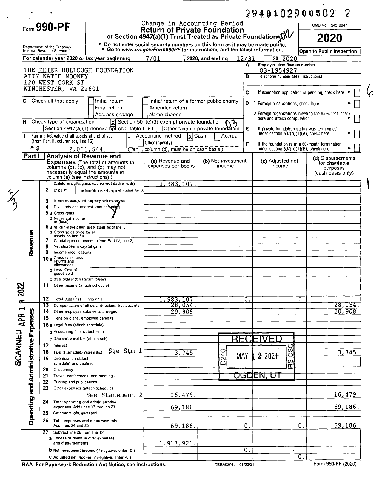 Image of first page of 2020 Form 990PF for The Peter Bullough Foundation Attn Katie Mooney