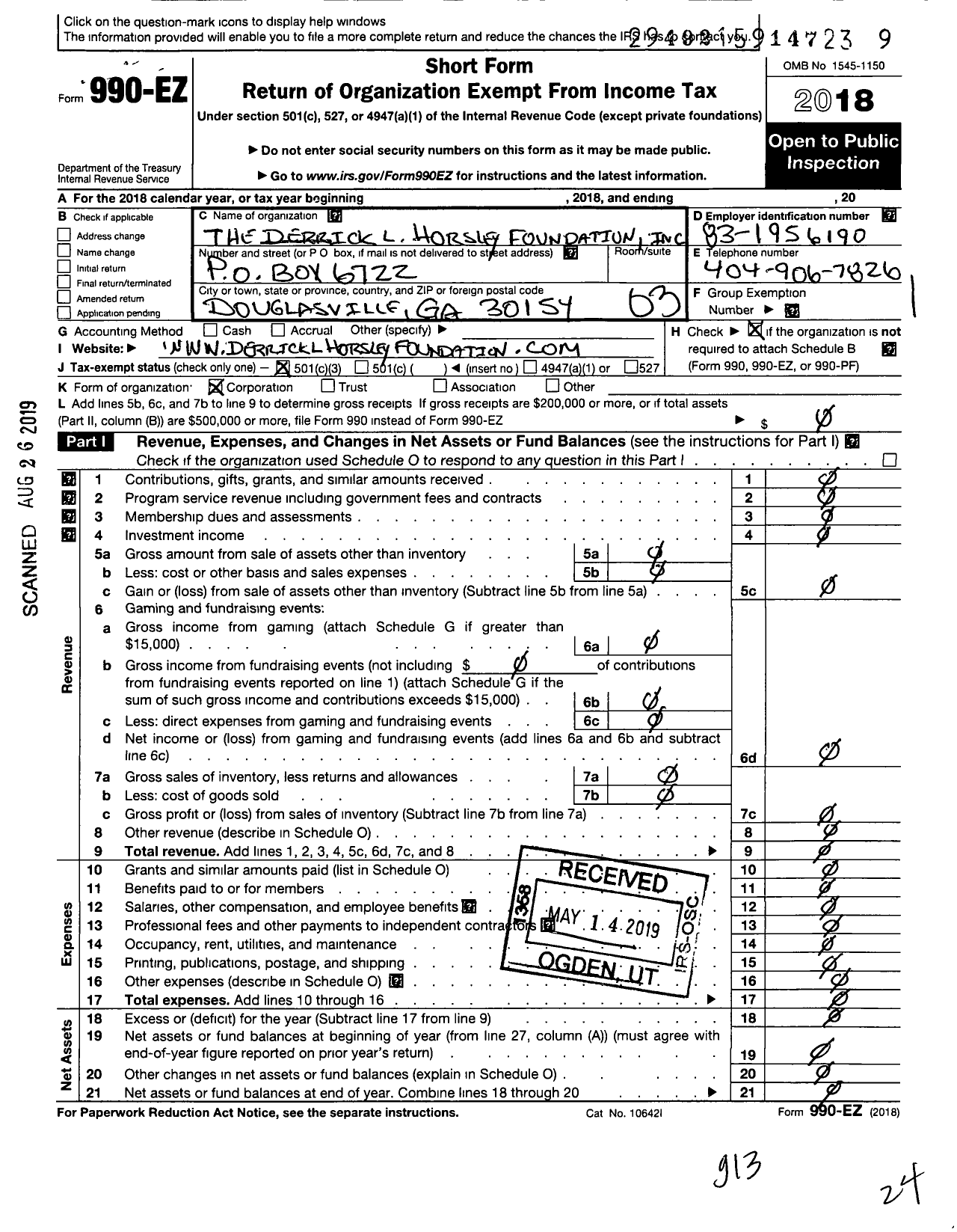 Image of first page of 2018 Form 990EZ for Derrick L Horsley Foundation