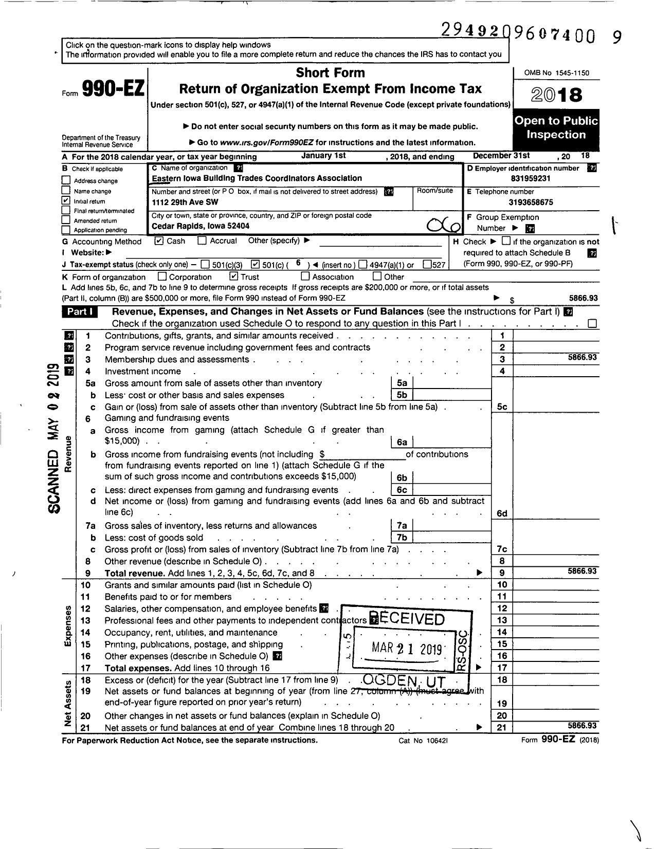 Image of first page of 2018 Form 990EO for Eastern Iowa Building Trades Coordinators Association