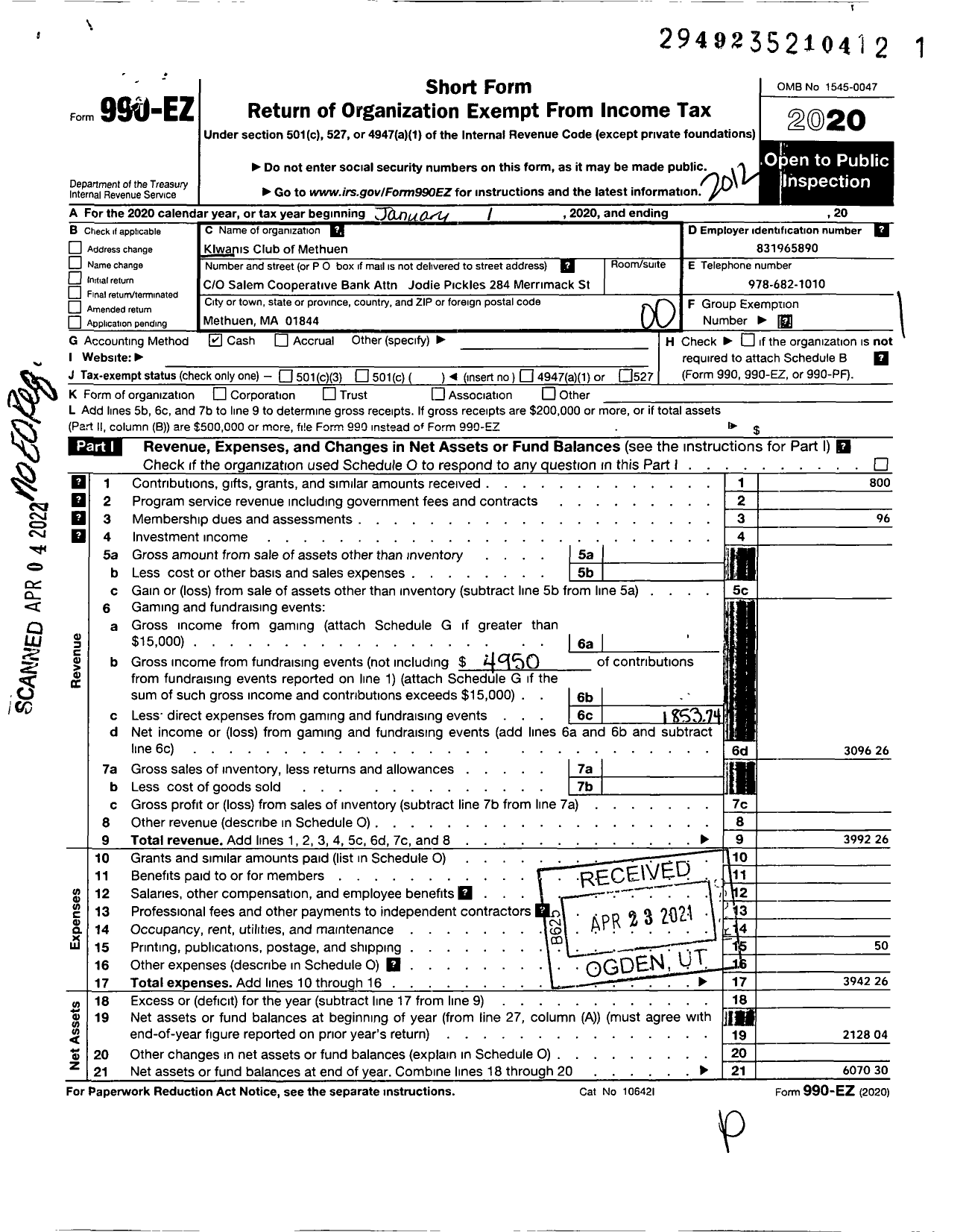 Image of first page of 2020 Form 990EO for Kiwanis Club of Methuen