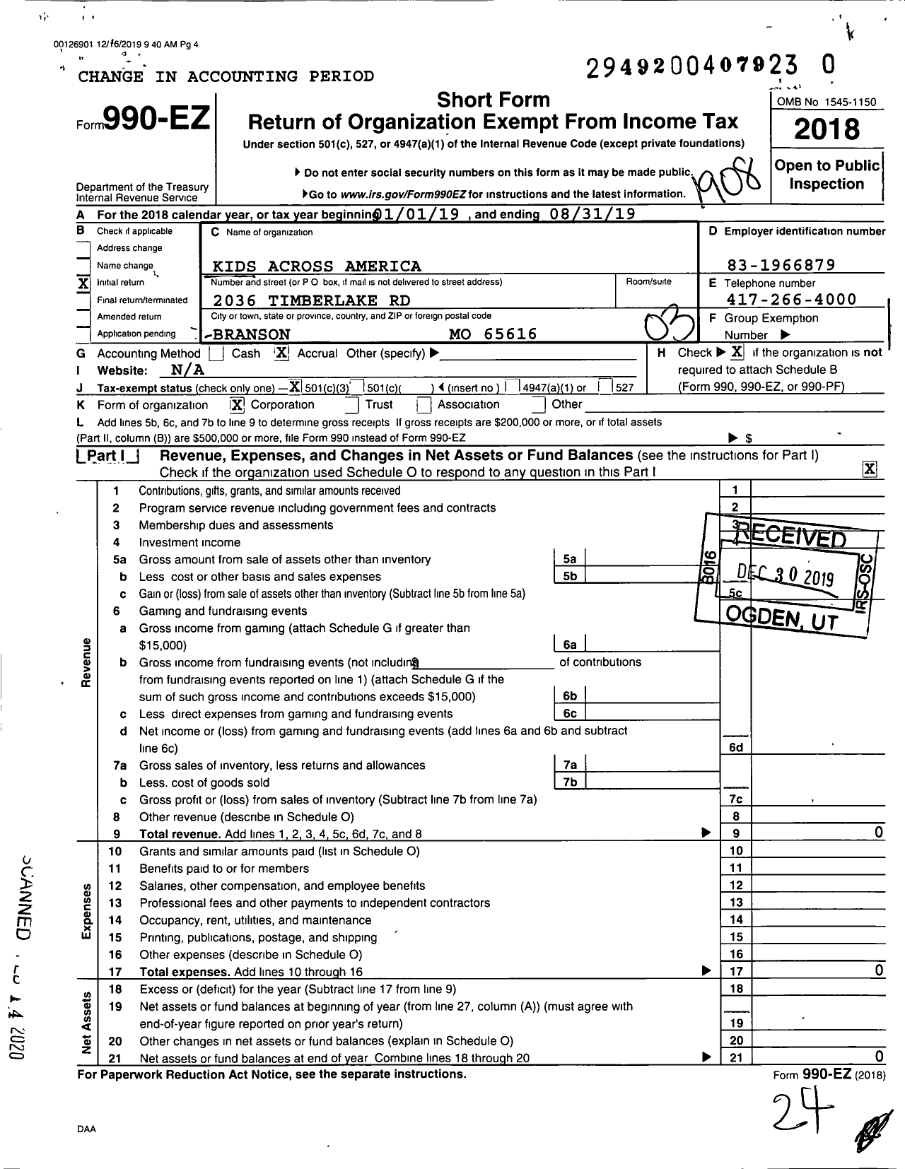 Image of first page of 2018 Form 990EZ for Kids Across America