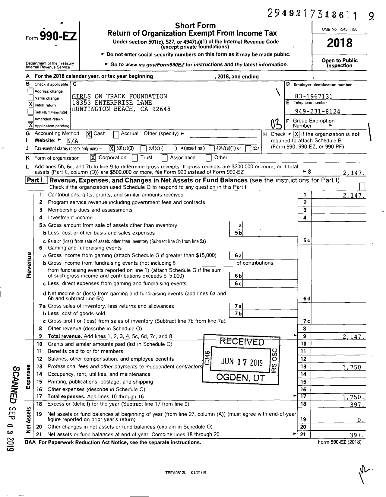 Image of first page of 2018 Form 990EZ for Girls on Track Foundation