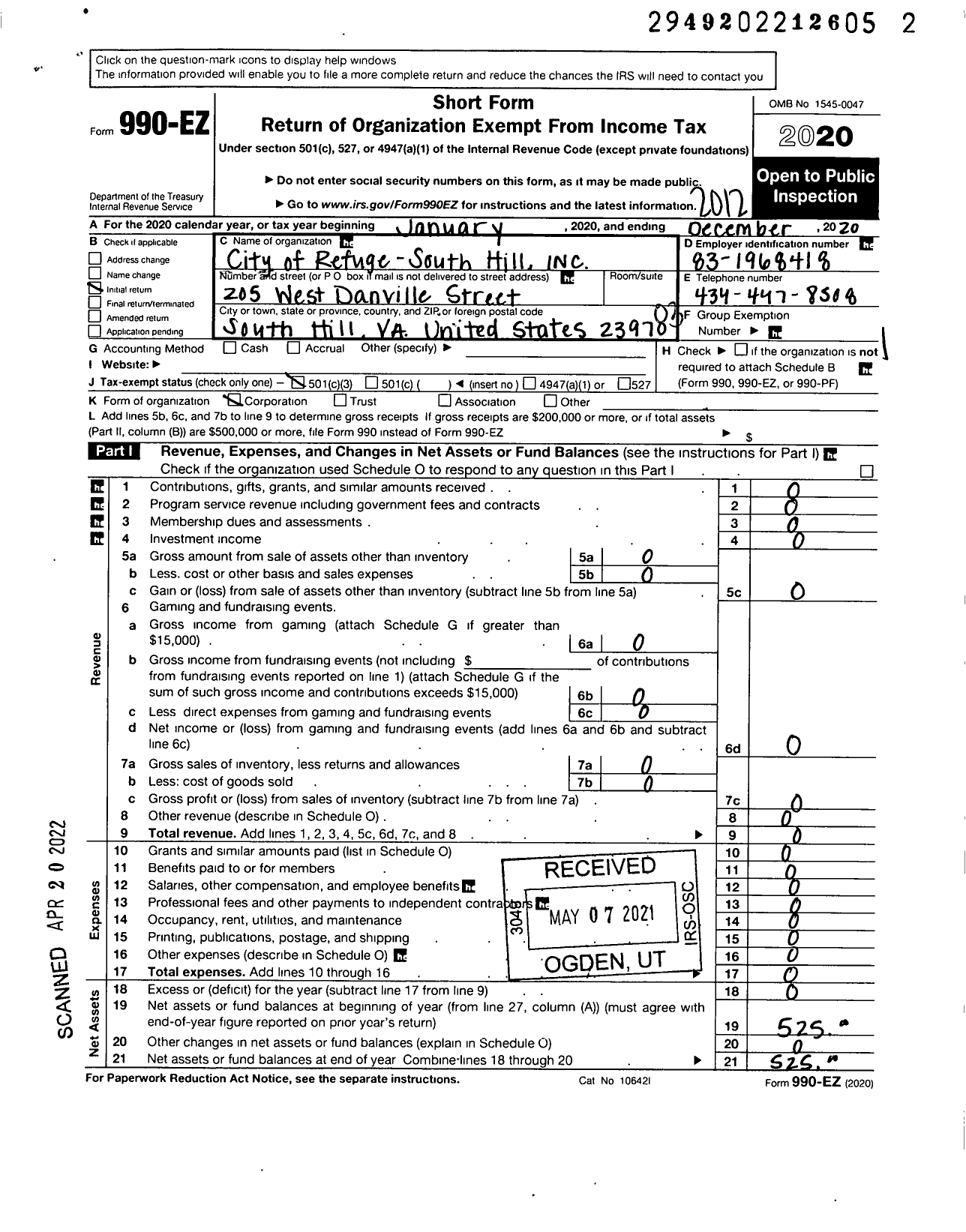 Image of first page of 2020 Form 990EZ for City of Refuge - South Hill