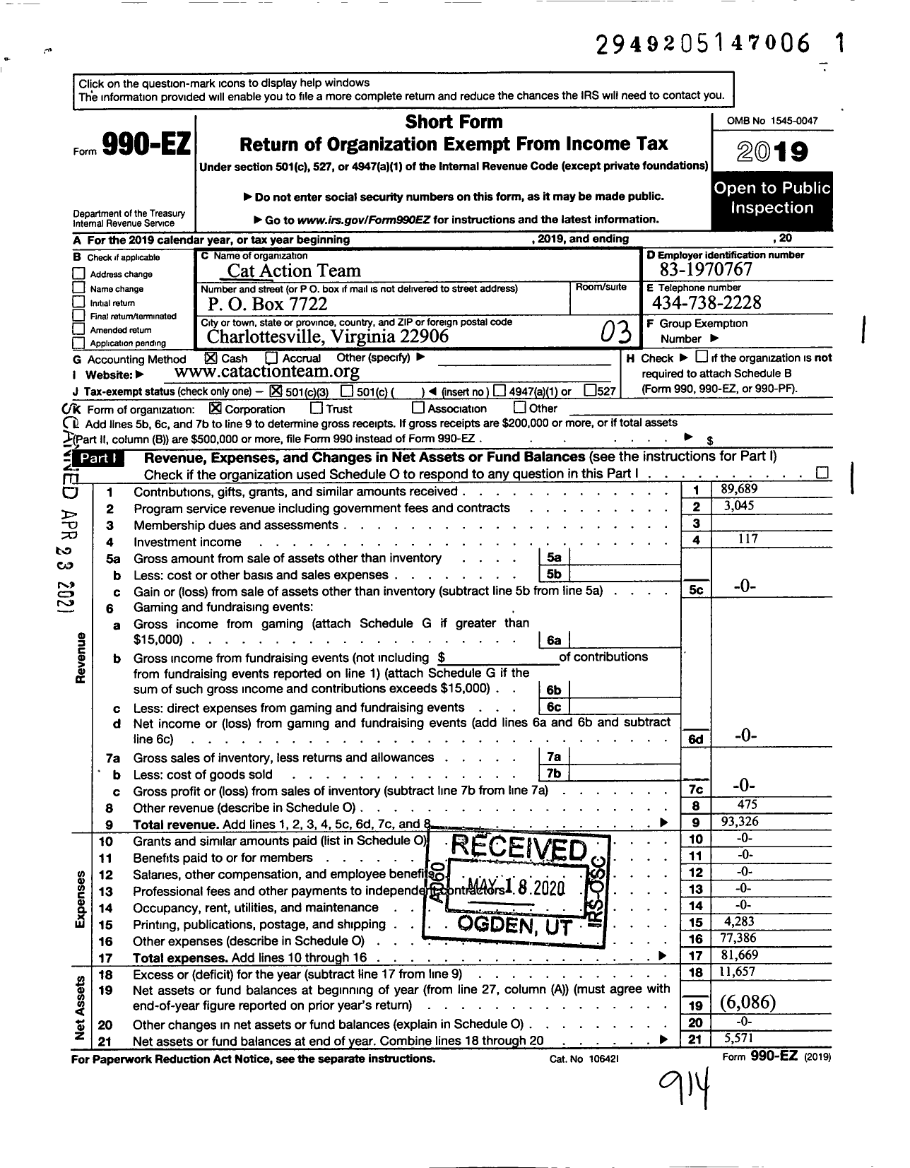 Image of first page of 2019 Form 990EZ for Cat Action Team