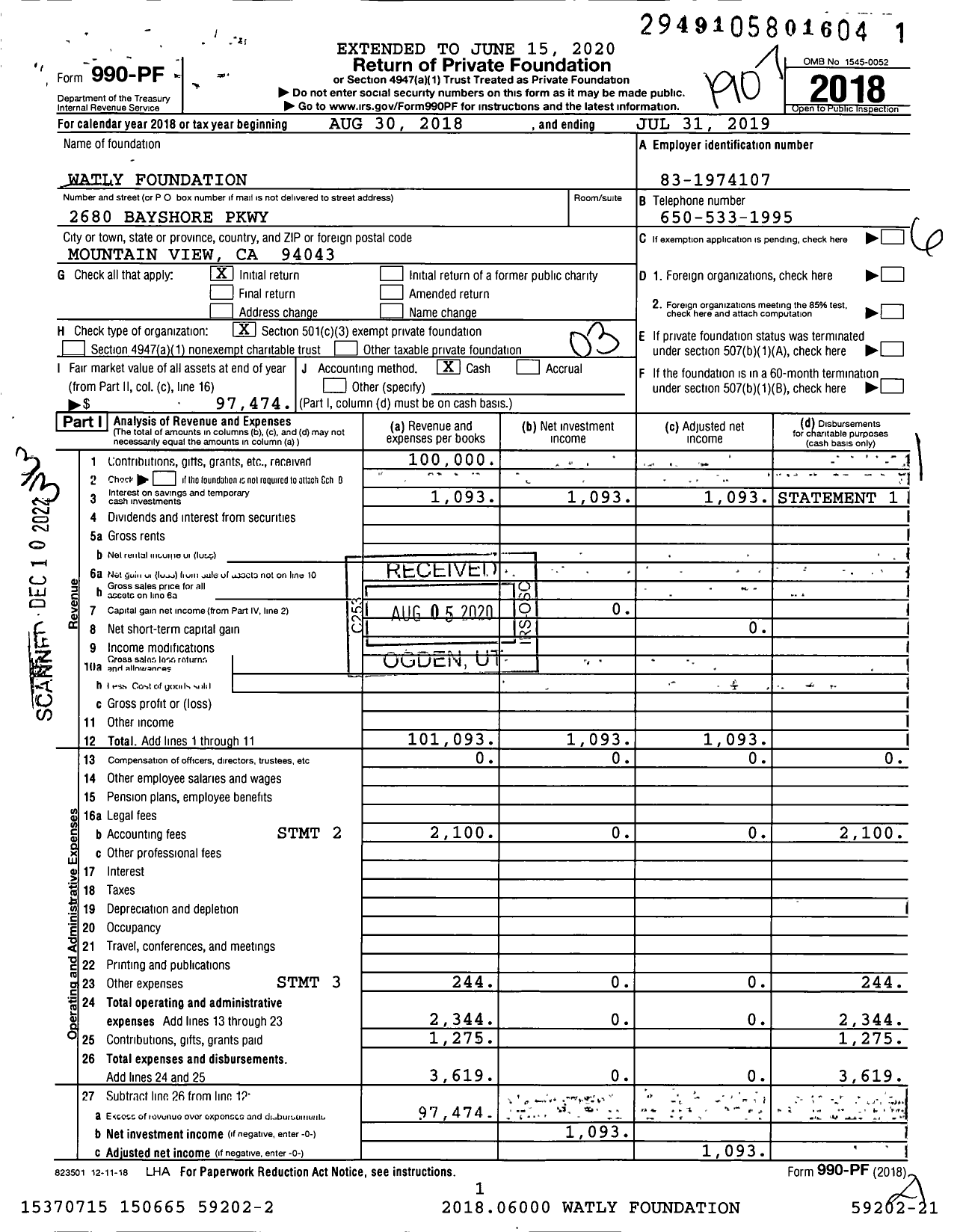 Image of first page of 2018 Form 990PF for Watly Foundation