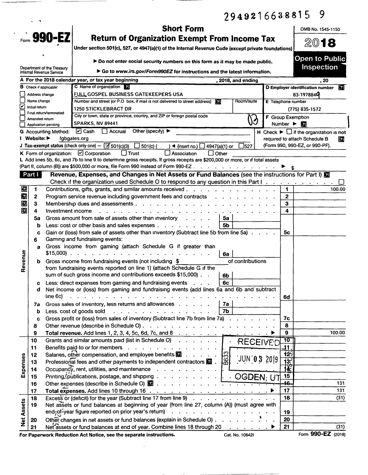 Image of first page of 2018 Form 990EZ for Full Gospel Business Gatekeepers