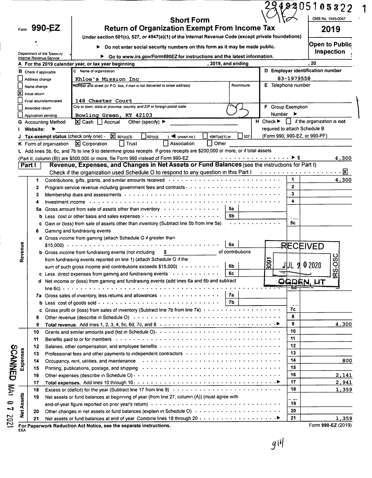 Image of first page of 2019 Form 990EZ for Khloes Mission