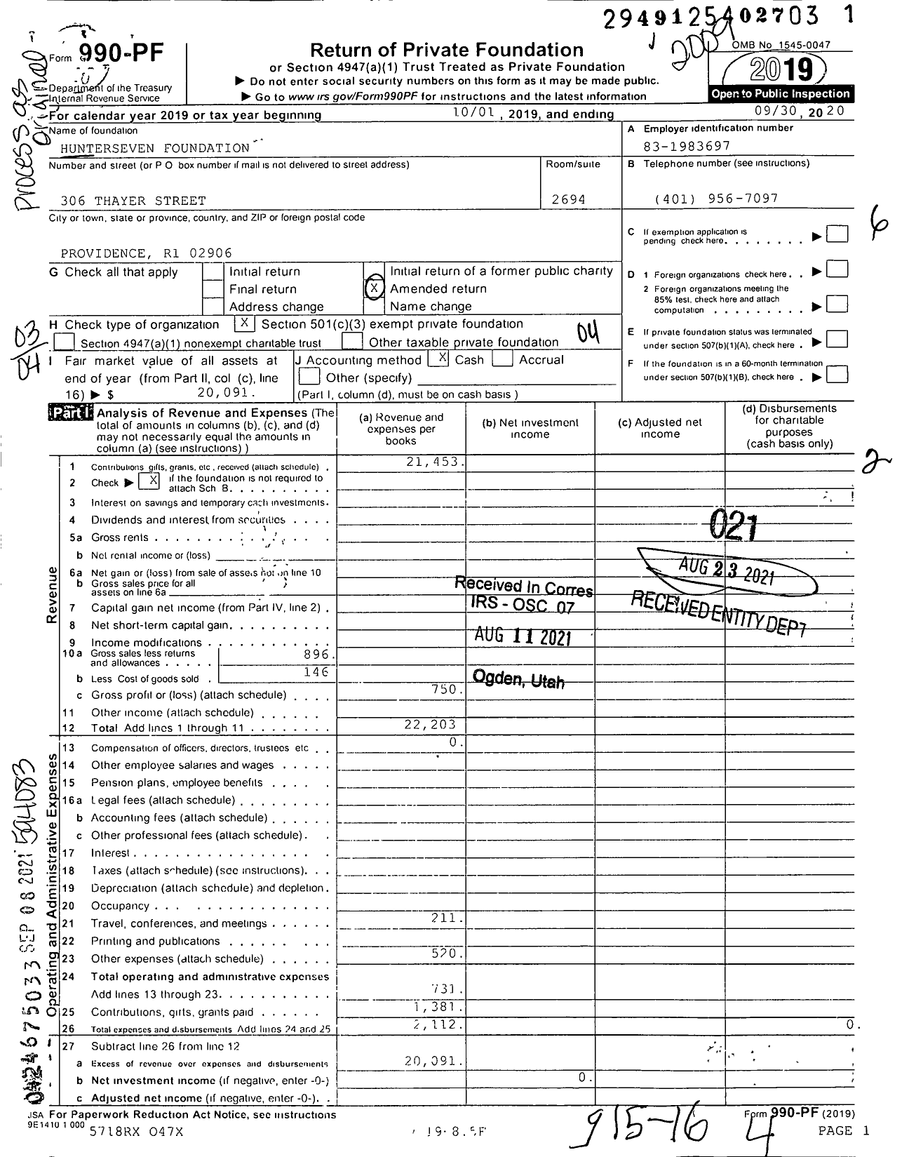 Image of first page of 2019 Form 990PF for Hunter Seven Foundation