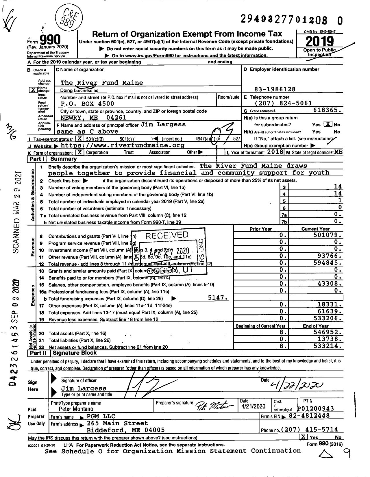 Image of first page of 2019 Form 990 for The River Fund Maine